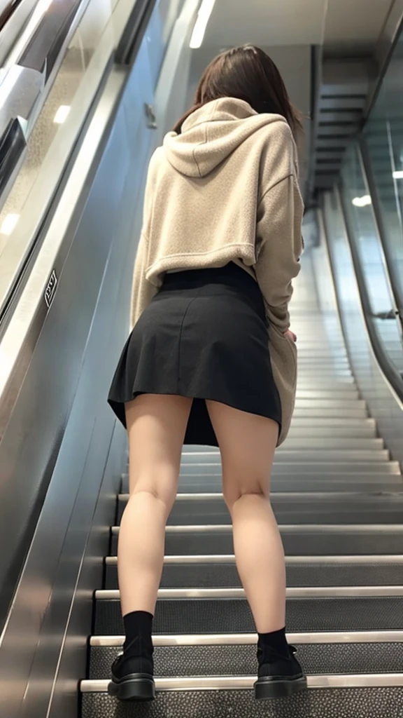 up escalator skirt、short coat、Close up of lower body、View from behind、very low camera angle、leaning forward、bent forward