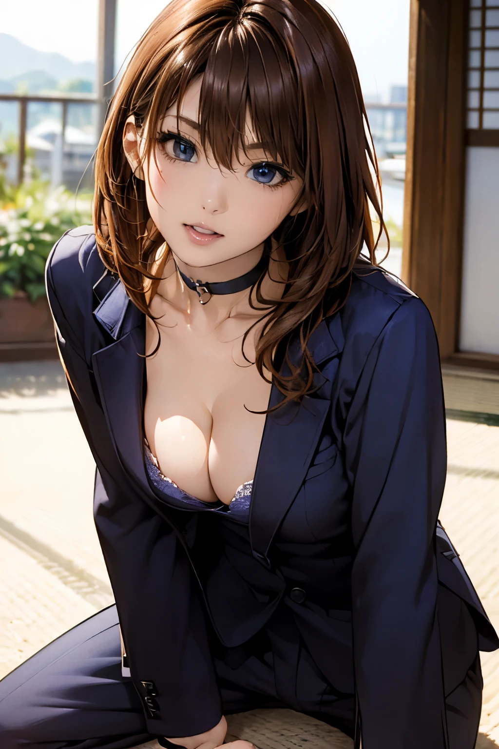 (masterpiece:1.2, highest quality), (realistic, photorealistic:1.4), beautiful illustrations, (natural side lighting, movie lighting),
looking at the viewer, face focus, Upper body, 1 female, Japanese, perfect face, perfect body, Cute symmetrical face, shiny skin, baby face, big breasts:1.4, hair between eyes, emerald green eyes, seductive thighs, thin,
beautiful hair, beautiful face, thin and beautiful eyes, beautiful clavicle, beautiful body, beautiful breasts, beautiful thighs, beautiful feet, beautiful fingers, Are standing,(masterpiece:1.2, highest quality), (realistic, photorealistic:1.4), beautiful illustrations, 1 female, Japanese, ((brown hair, medium hair:1.5)), blown 髪, bangs, 髪 between eyes, big breasts,
beautiful 髪, beautiful face, beautiful and detailed eyes, (blue eyes:1.3), beautiful clavicle, beautiful body, beautiful breasts, beautiful thighs, beautiful feet, beautiful fingers, (beautiful scenery:1.4),
((suit jacket, pants suit:1.6, collared shirt, choker)),
(seductive pose:1.3)