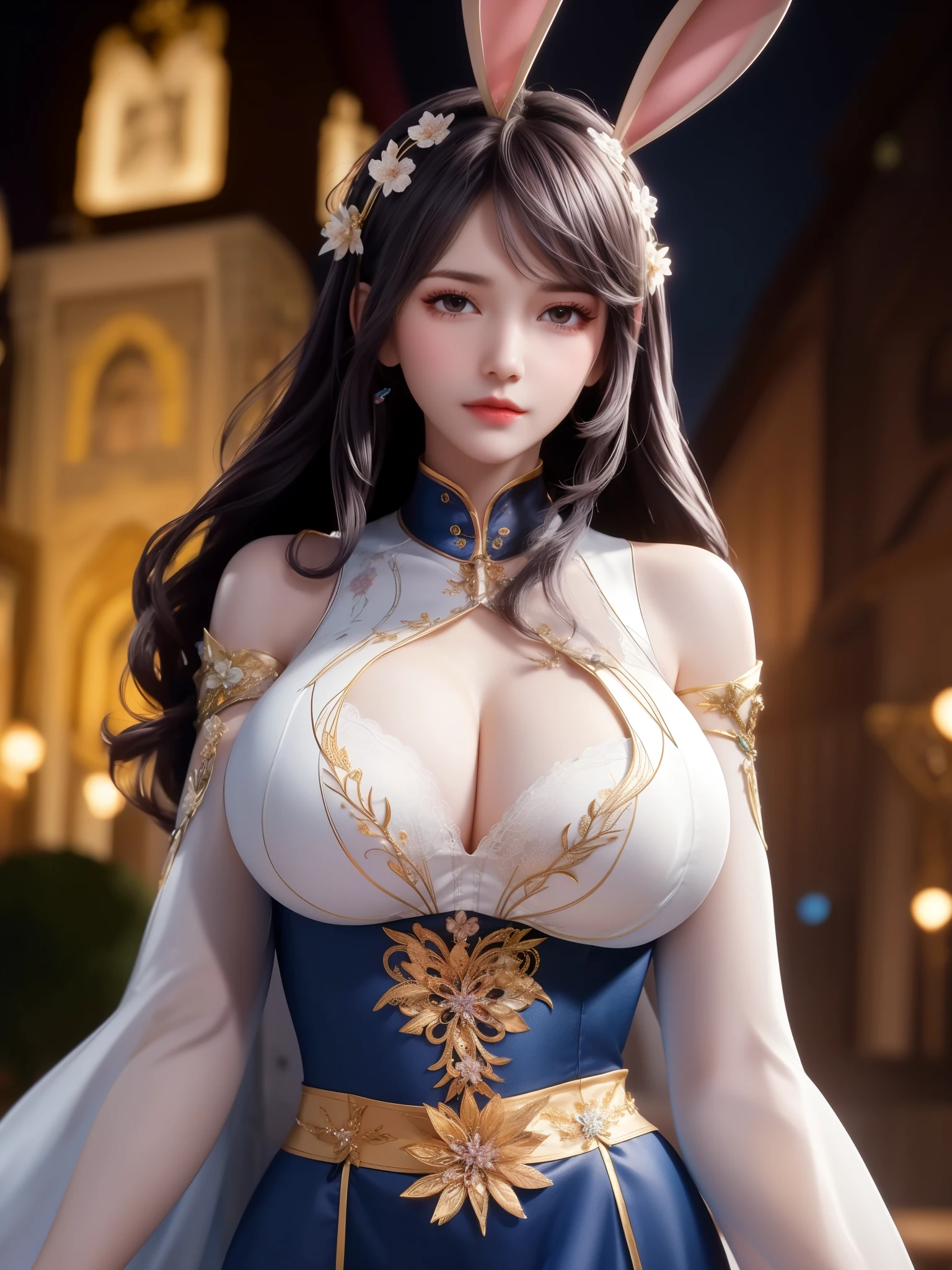 1girl,mature female, looking at viewer, cityscape, night, hair ornament, long hair, fake animal ears, skirt,shirt,clothing cutout, rabbit ears, detached sleeves,A lovely beautiful girl，lovely and delicate，Peerless beauty，Delicate hair accessories，pitying，（messy  hair），Costume in lace，Supple skin，Fashionab，A delicate painting，Clover hairpins，Blue，Ultra-high image quality，8K，depth of fieldacro lens），Ambient lighting，high light，Upper body animation style,Comics,High quality above the waist，huge ，huge ，exposed breasts，Show breasts，