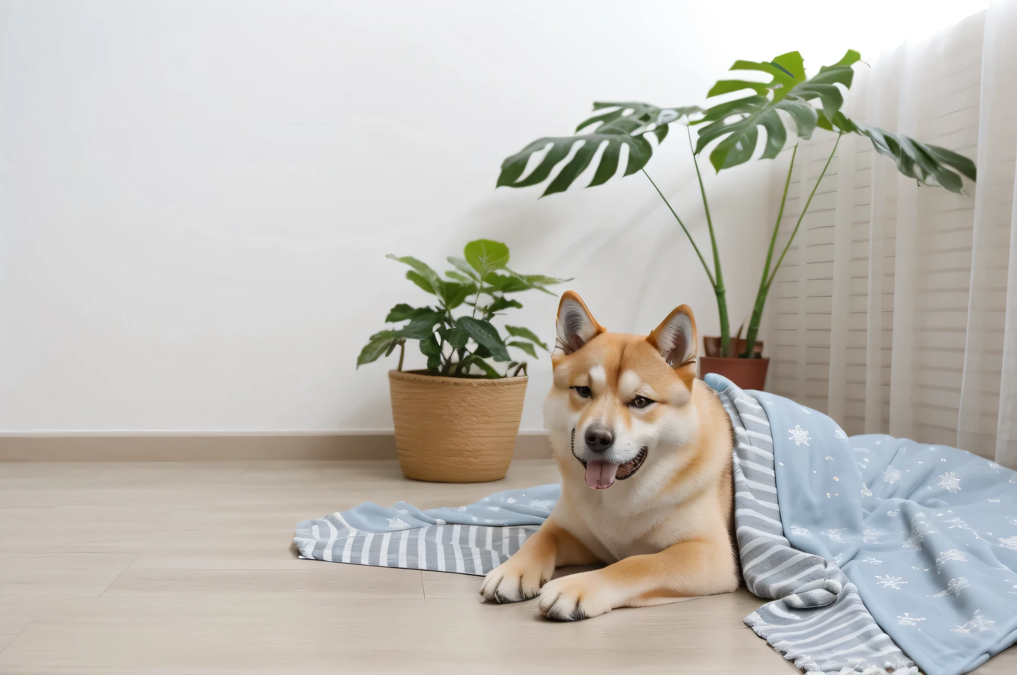 有一只Shiba Inu趴在地板上, Shiba Inu dog, Shiba Inu, Shibuya, Japanese dog, Shiba Inu portrait,Shiba Inu背上盖着毯子,Blue blanket，大部分是Blue blanket，snowflake pattern blanket，Extremely realistic pictures，Real light and shadow，super rich detail， Shot with Sony A7r camera, cute dog, Inspired by Zhi Mansion, 快乐的Shiba Inu, kawaii cute dog，Hyper-realistic scenarios，Japanese style decoration environment，Original wood color floor，部分Shiba Inu的毛发遮挡了毯子