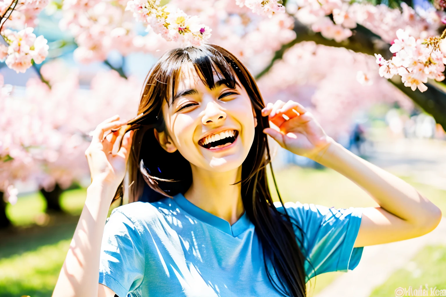 Maria from Japan, (masterpiece, best quality:1.2), (raw photo),(film gain:0.7),
(beautiful 20yo girl), (dapped sunlight:0.6),
(flat bangs:0.7), long hair with her hair fluttering, (laugh), (dynamic pose),
(soft pastel-colored T-shirts),
BREAK
(at the blossom), (Petals fluttering:1.2), (from above),