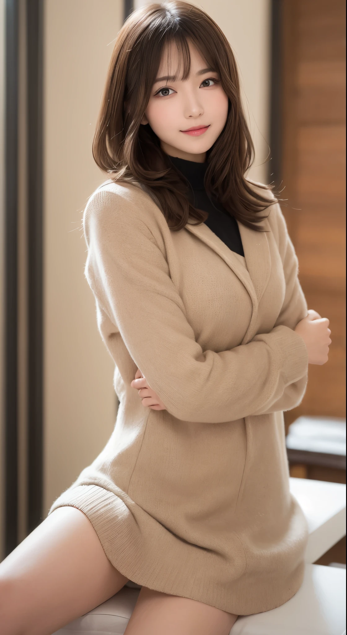 table top, highest quality, shape, Super detailed, finely, High resolution, 8k wallpaper, 完璧なダイナミックな構shape, beautiful and detailed eyes, medium hair, small breasts, natural color lip, random sexy pose,smile,big city、20 year old girl、midnight、Beautiful and dense face、perfect and beautiful face,Big eyes、Raw photo、Spread your arms and legs wide、Expressing feminine poses with your whole body、beautiful and detailed eyes、small face、beautiful duplex、slim face and style,luxury brand mink coat(inside:winter dress)、beautiful golden ratio face、blur background