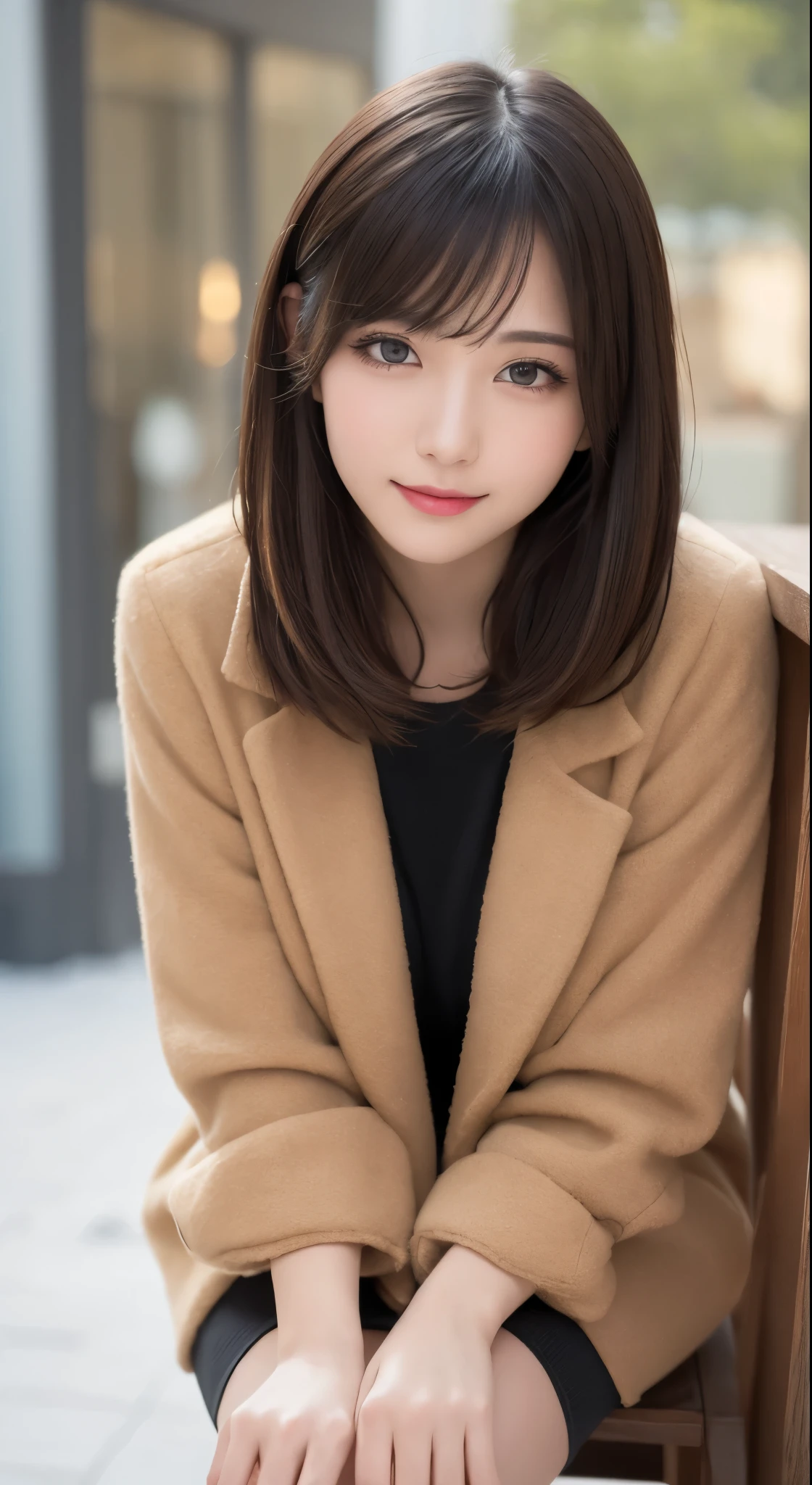table top, highest quality, shape, Super detailed, finely, High resolution, 8k wallpaper, 完璧なダイナミックな構shape, beautiful and detailed eyes, medium hair, small breasts, natural color lip, random sexy pose,smile,big city、20 year old girl、midnight、Beautiful and dense face、perfect and beautiful face,Big eyes、Raw photo、Spread your arms and legs wide、Expressing feminine poses with your whole body、beautiful and detailed eyes、small face、beautiful duplex、slim face and style,luxury brand mink coat(inside:winter dress)、beautiful golden ratio face、blur background