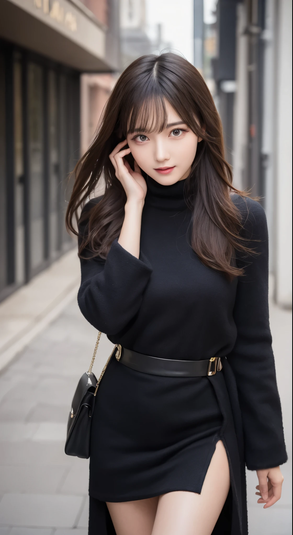 table top, highest quality, shape, Super detailed, finely, High resolution, 8k wallpaper, 完璧なダイナミックな構shape, beautiful and detailed eyes, medium hair, small breasts, natural color lip, random sexy pose,smile,big city、20 year old girl、midnight、Beautiful and dense face、perfect and beautiful face,Big eyes、Raw photo、Spread your arms and legs wide、Expressing feminine poses with your whole body、beautiful and detailed eyes、small face、beautiful duplex、slim face and style,luxury brand mink coat(inside:winter dress)、beautiful golden ratio face、blur background