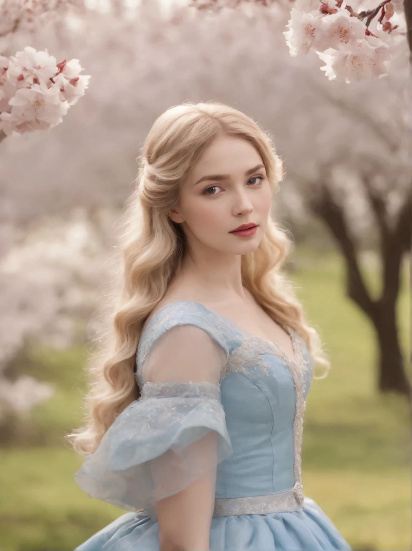 a young victorian girl,  around 18 years old, very beautiful, The hair is curly blonde，blonde hair，big wave。Wearing a blue victorian luxury dress， She was in a garden with cherry blossom trees in full bloom，There are many pink cherry blossoms，Very beautiful in bloom，The cherry blossoms should be clearly visible。