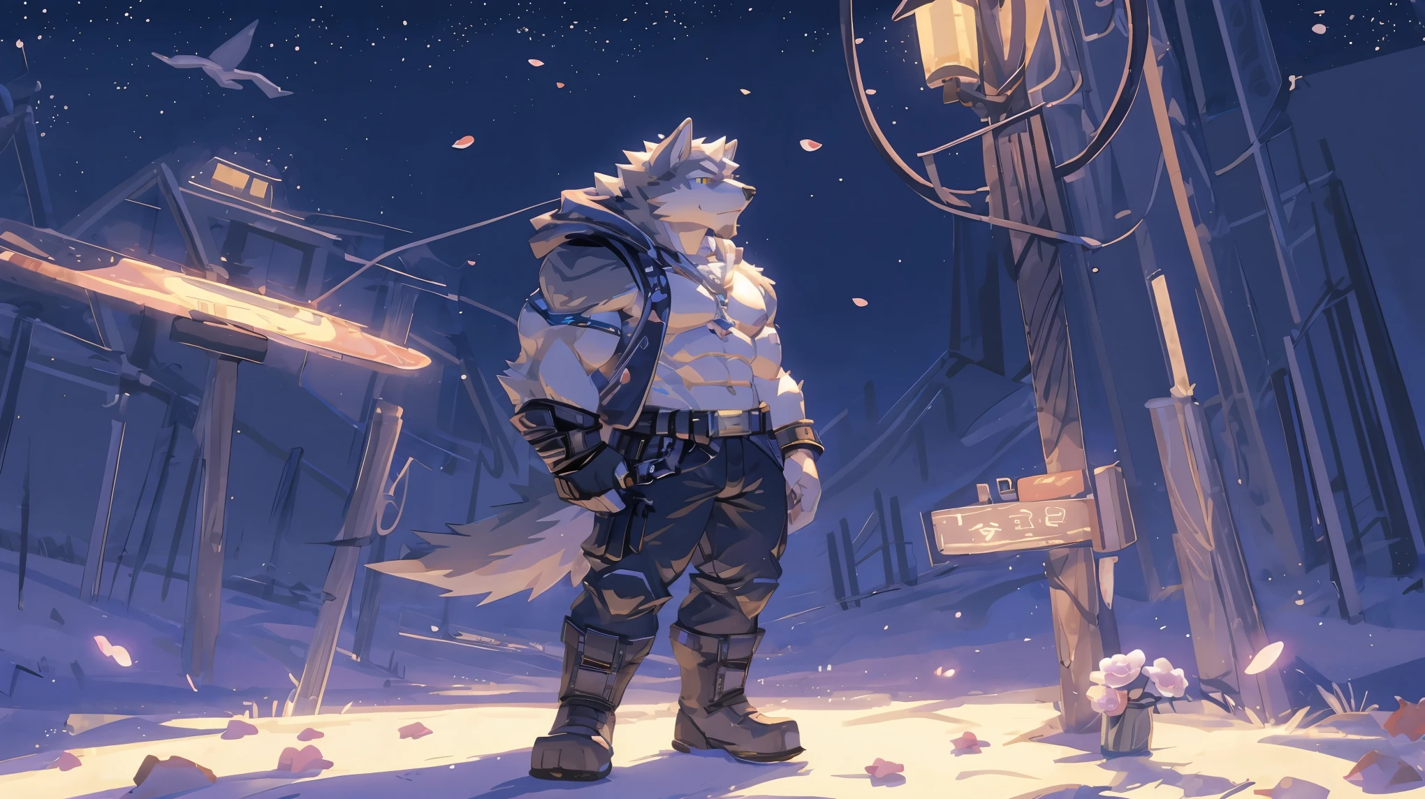 (masterpiece:1.2), best quality,pixiv,official art,(Ray tracing, light),solo, (flower petal in the sky :1.3), (1_male:1.3) , (muscle), (gray fur:1.4), (muscle wolf), (beard:1.2), (gleaming golden eyes), Thick eyebrows, open hoodie, naked inside, cargo pants, boots, portrait, (white background:1.3), (twilight:1.3), standing