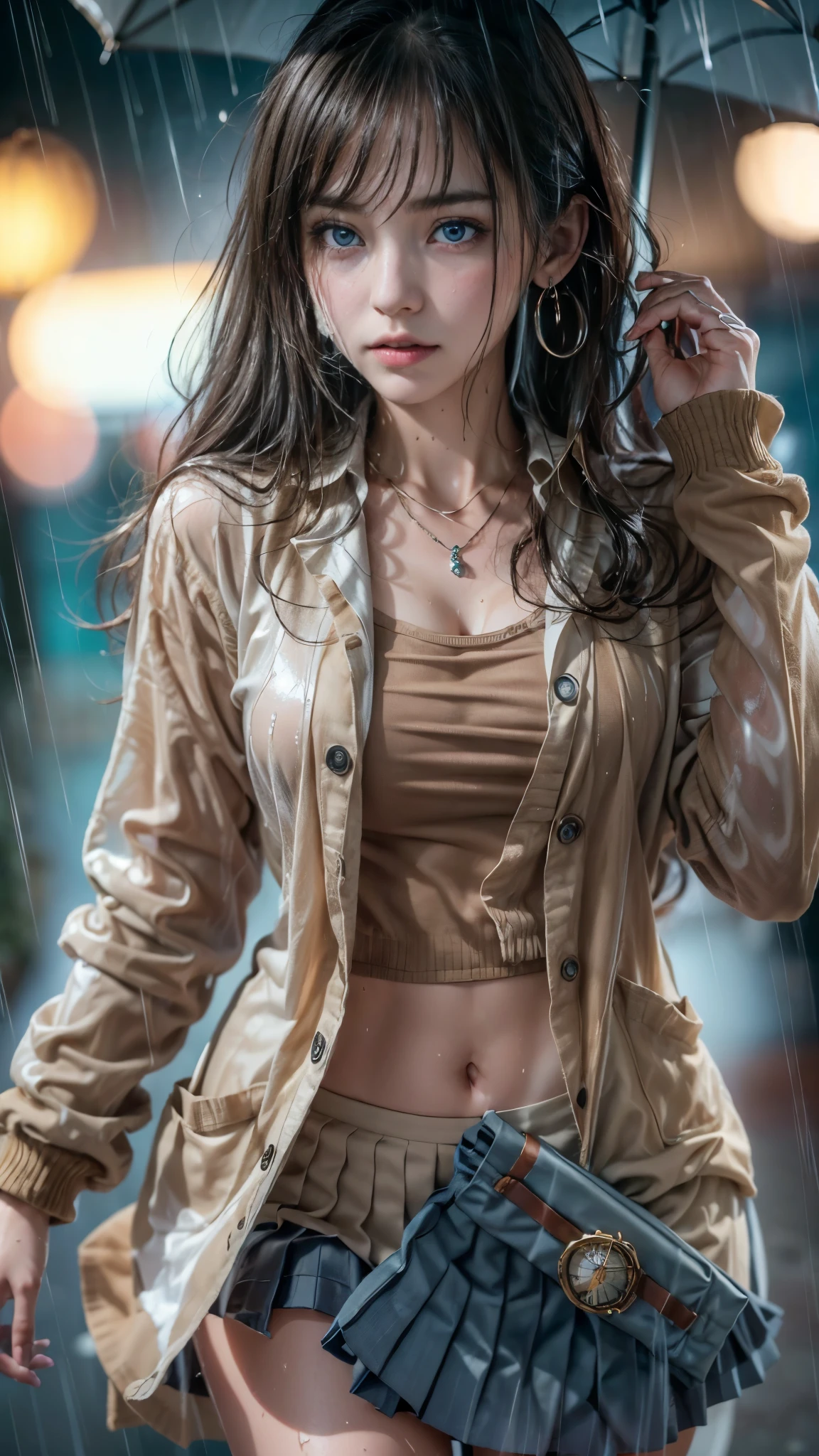 (RAW shooting, Photoreal:1.5, 8K, highest quality, masterpiece, ultra high resolution), perfect dynamic composition:1.2, street corner at night, cry:1.3, (((Typhoon heavy rain))), Highly detailed skin and facial textures:1.2, Slim high school girl wet in the rain:1.3, sexy beauty:1.1, perfect style:1.2, beautiful and aesthetic:1.1, Fair skin, very beautiful face, water droplets on the skin, (rain drips all over my body:1.2, wet body, wet hair:1.4, wet office skirt:1.2, wet uniform:1.3), belt, (Medium chest, Bra is transparent, Chest gap), (expression of sadness, lovelorn, The expression on your face when you feel intense caress, Facial expression when feeling pleasure), (beautiful blue eyes, Eyes that feel beautiful eros:0.8), (Too erotic:0.9, Bewitching:0.9), cowboy shot, School Bag, necklace, earrings, bracelet, clock