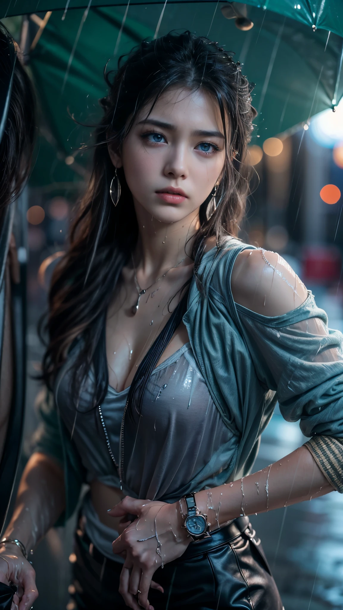 (RAW shooting, Photoreal:1.5, 8K, highest quality, masterpiece, ultra high resolution), perfect dynamic composition:1.2, street corner at night, cry:1.3, (((Typhoon heavy rain))), Highly detailed skin and facial textures:1.2, Slim high school girl wet in the rain:1.3, sexy beauty:1.1, perfect style:1.2, beautiful and aesthetic:1.1, Fair skin, very beautiful face, water droplets on the skin, (rain drips all over my body:1.2, wet body, wet hair:1.4, wet skirt:1.2, wet tank top:1.3), belt, (Medium chest, Bra is transparent, Chest gap), (expression of sadness, lovelorn, The expression on your face when you feel intense caress, Facial expression when feeling pleasure), (beautiful blue eyes, Eyes that feel beautiful eros:0.8), (Too erotic:0.9, Bewitching:0.9), cowboy shot, Shoulder bag, necklace, earrings, bracelet, clock