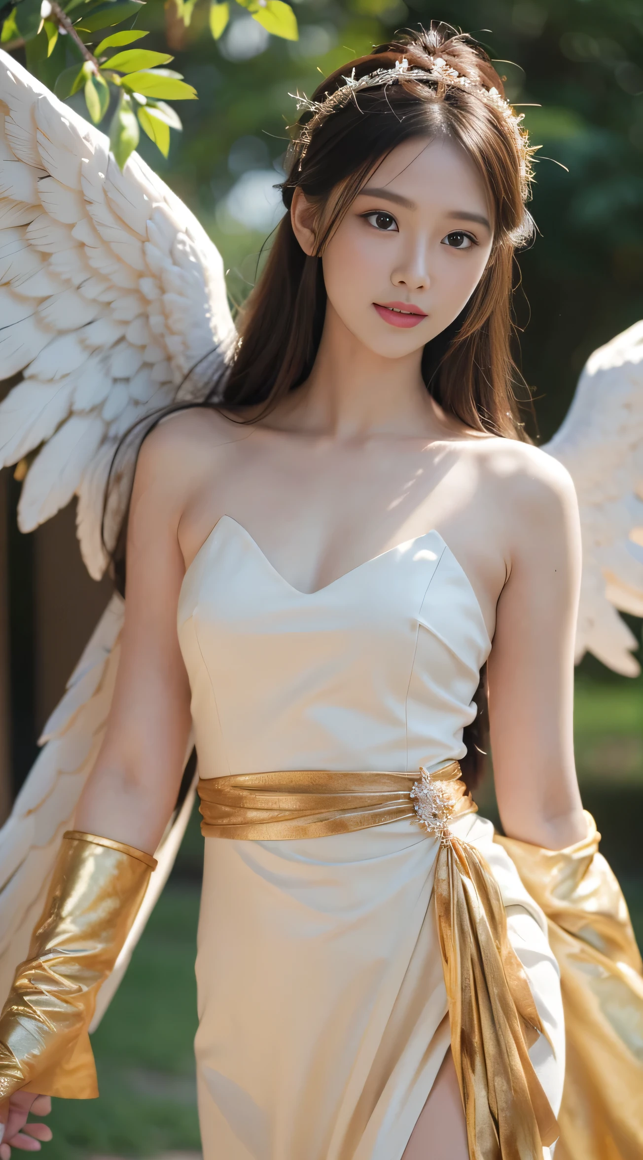 8k, best quality, Masterpiece, Ultra high resolution, (realism: 1.4), original photo, (Realistic skin texture: 1.3), (Film texture: 1.3), ( มุมระยะfar ) , 1 girl, goddess , Please smile. , looking down., look at viewer, A long, white fairy dress with a pronounced tree branch pattern.. , Beautiful Eyes and Facial Details, Masterpiece, best quality, far , See every part of the body. , looking at the audience , bright