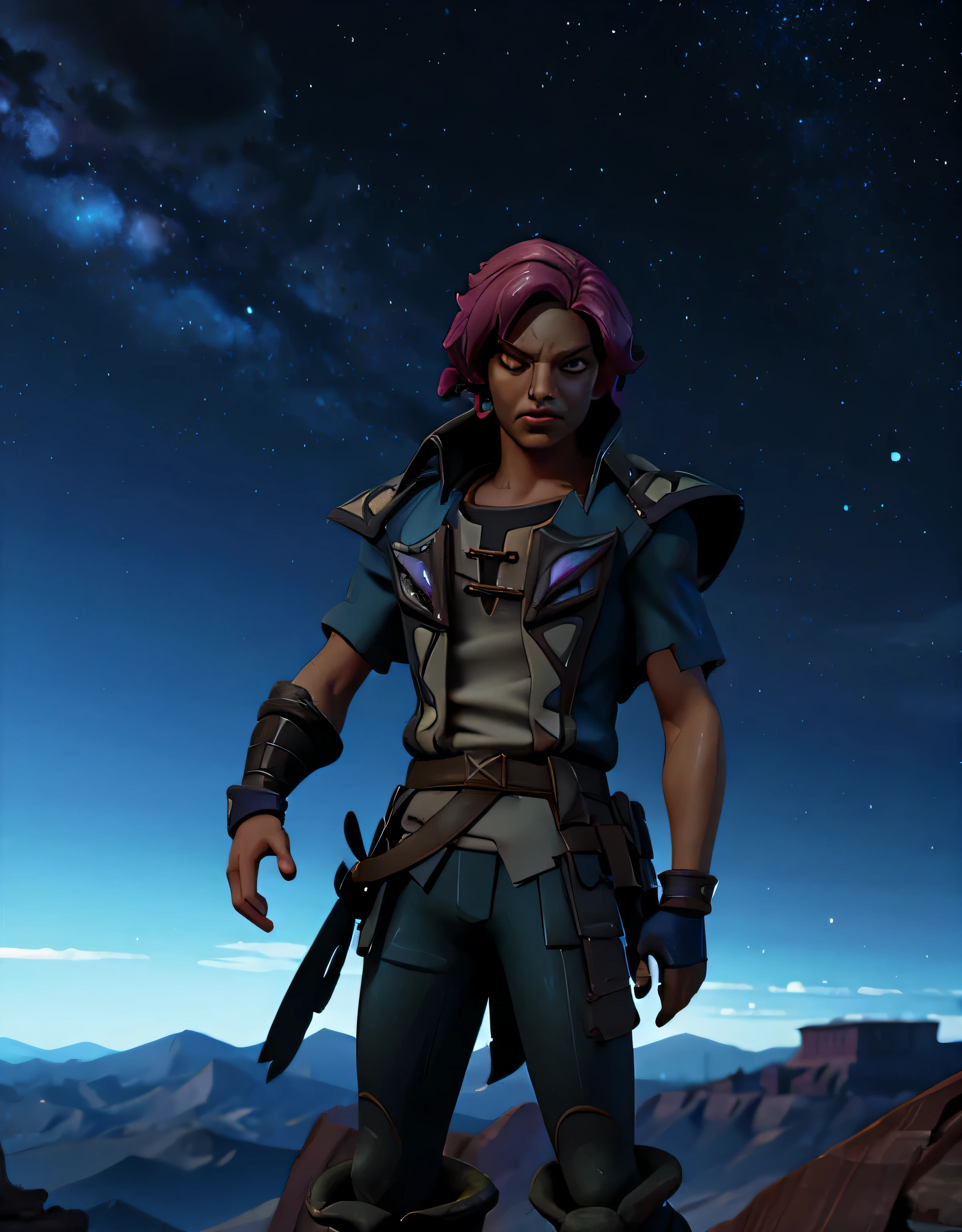 blue background,Phantom desolate planet with fist, hot desert, cartoon night sky starry sky, galaxy, The desolation of the distance、ruined figure, 被毁坏的月亮blue background,There is a black cartoon duel field in the middle,There are a bunch of crazy cartoon samurai around