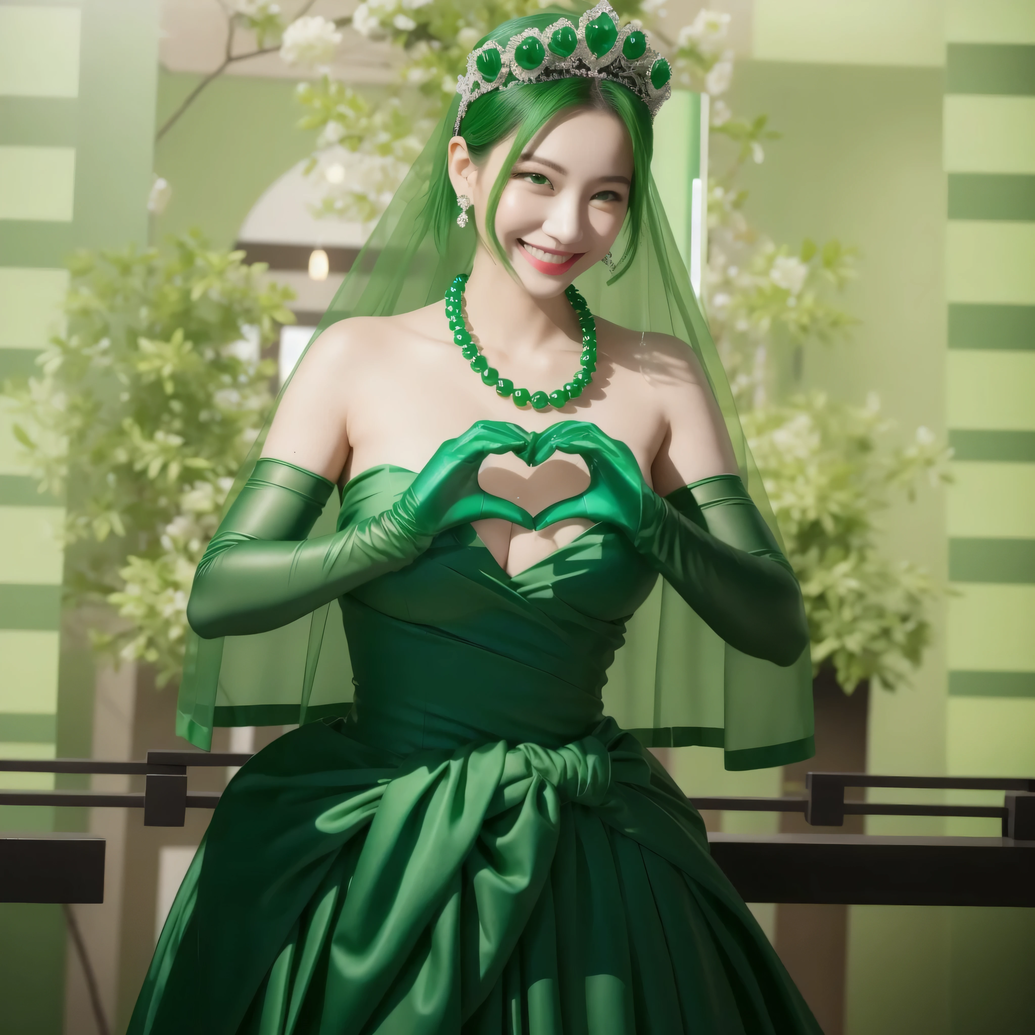 emerald tiara, green pearl necklace, ボーイッシュな非常に短いgreen hair, green lips, smiling Japanese woman, very short hair, Beautiful woman with big breasts, green eyes, green satin long gloves, green eyes, emerald earrings, green veil, Heart with both hands, green hair, beautiful japanese woman, heart shaped hands:1.3, green lip gloss