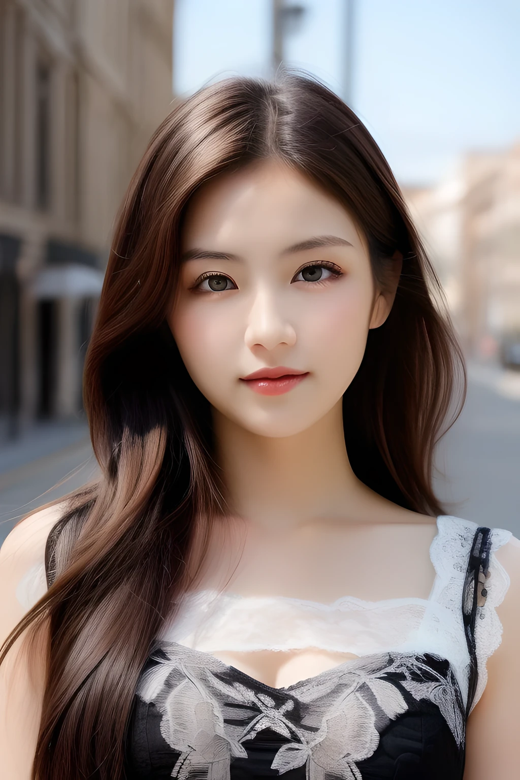 Ulchan-6500-v1.1,(masterpiece, highest quality:1.3), (Ultra-detailed 8K:1.2), (hyperrealistic:1.35),(Raw photo:1.2),highest quality, High resolution, wallpaper, realistic, bright lighting, professional lighting, face light, smooth lighting, BREAK Japanese women, 20-year-old, cute, action, gravure, sexy, wearing , super beautiful, beautiful skin, beautiful and detailed eyes, detailed face, slim, moderately, clean long hair, brunette hair, dark brown eyes, look at the camera, (full shot:1.3), (european gothic cityscape:1.3),(lace dress:1.3),