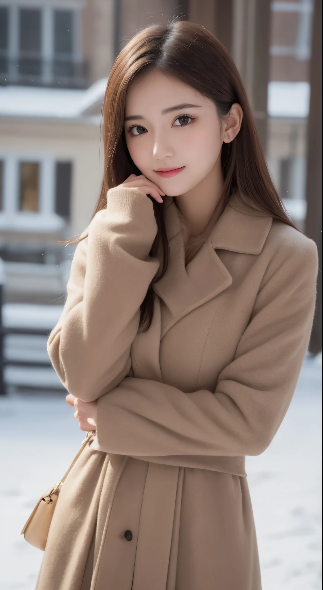 table top, highest quality, shape, Super detailed, finely, High resolution, 8k wallpaper, 完璧なダイナミックな構shape, beautiful and detailed eyes, medium hair, small breasts, natural color lip, random sexy pose,smile,big city、20 year old girl、midnight、Beautiful and dense face、perfect and beautiful face,Big eyes、Raw photo、Spread your arms and legs wide、Expressing feminine poses with your whole body、beautiful and detailed eyes、small face、beautiful duplex、slim face and style,luxury brand mink coat(inside：winter dress)、beautiful golden ratio face、blur background