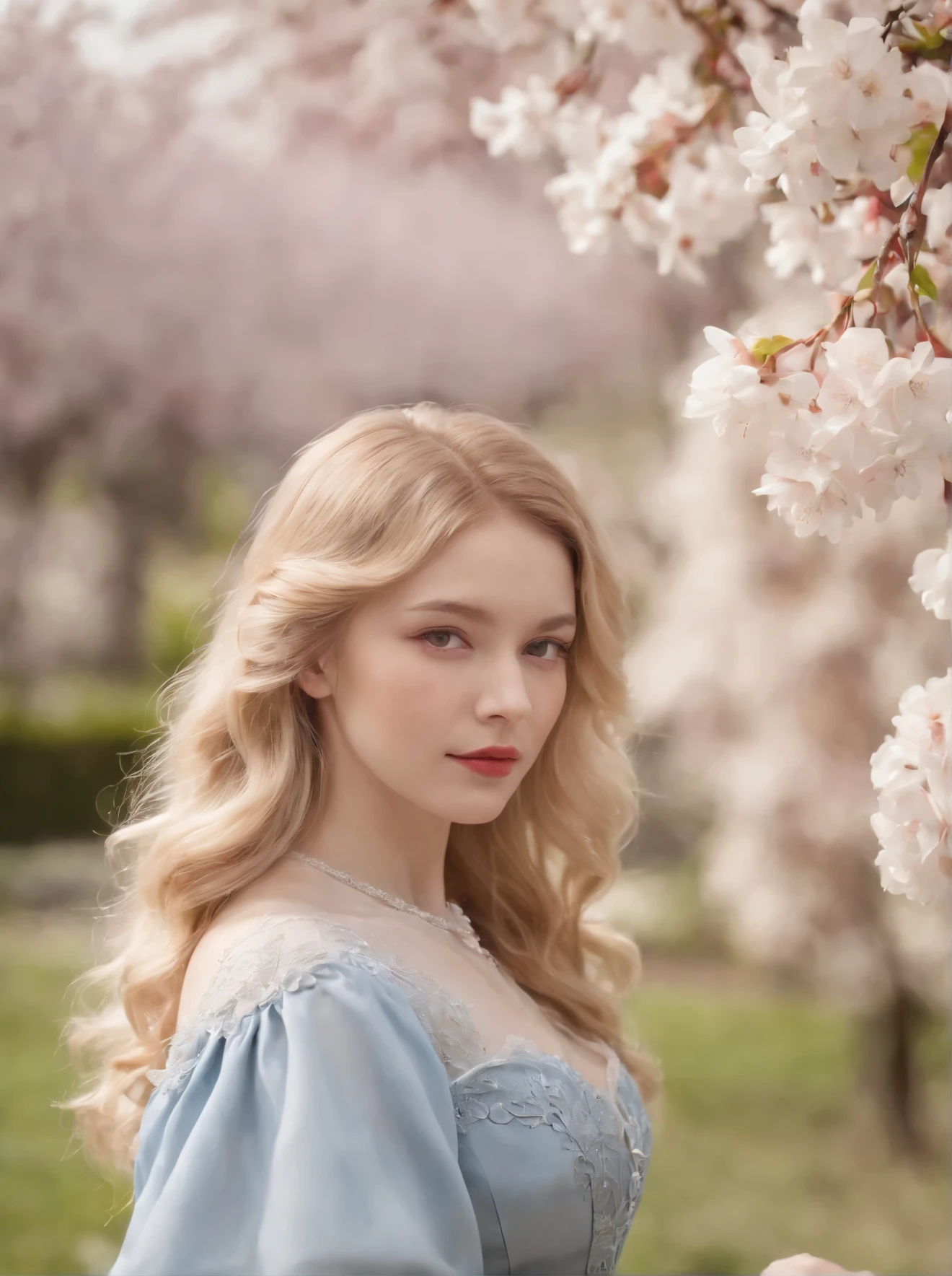 a young victorian girl,  around 18 years old, very beautiful, The hair is curly blonde，blonde hair，big wave。Wearing a blue victorian luxury dress， She was in a garden with cherry blossom trees in full bloom，There are many pink cherry blossoms，Very beautiful in bloom，The cherry blossoms should be clearly visible。