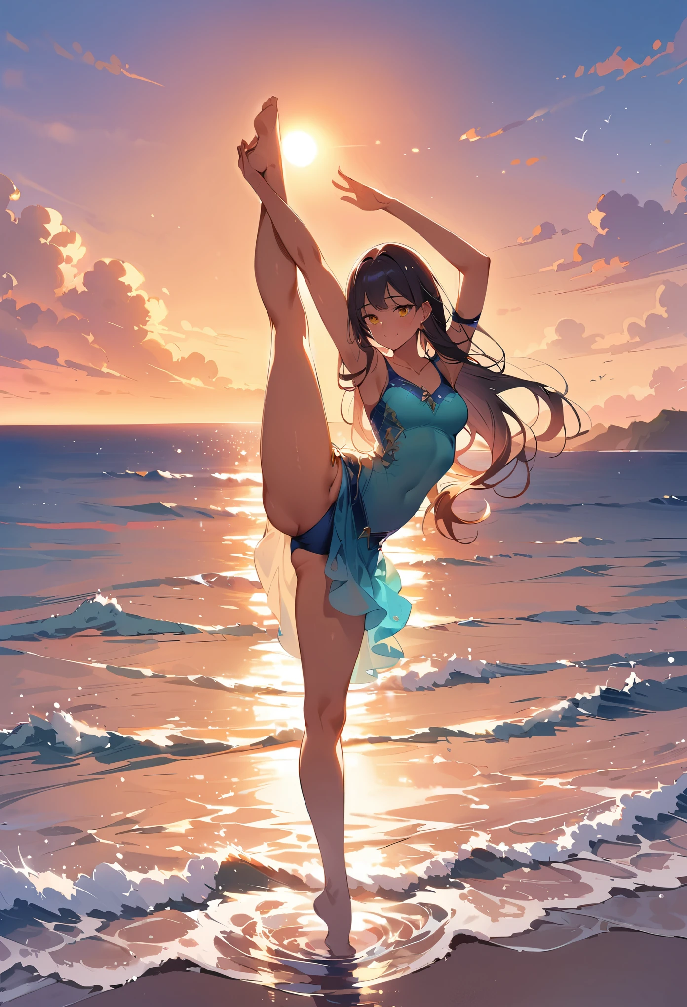 (masterpiece, best quality:1.2), 1girl, solo, standing_split, Dancing on the Sea Surface, A graceful girl, performing a standing split dance pose, gracefully dancing on the serene sea surface. The sun is setting in the background, casting a warm, golden hue across the sky and reflecting on the gently rippling waves. Her hair flows freely in the soft sea breeze, and her body is outlined by the golden glow of the setting sun. Capture the moment with intricate detail, emphasizing the beauty of her dance, the serenity of the sea, and the majesty of the sunset