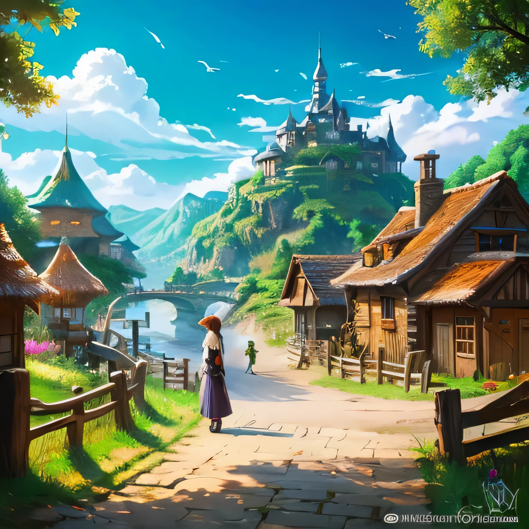 anime illustration　fantasy village　daytime