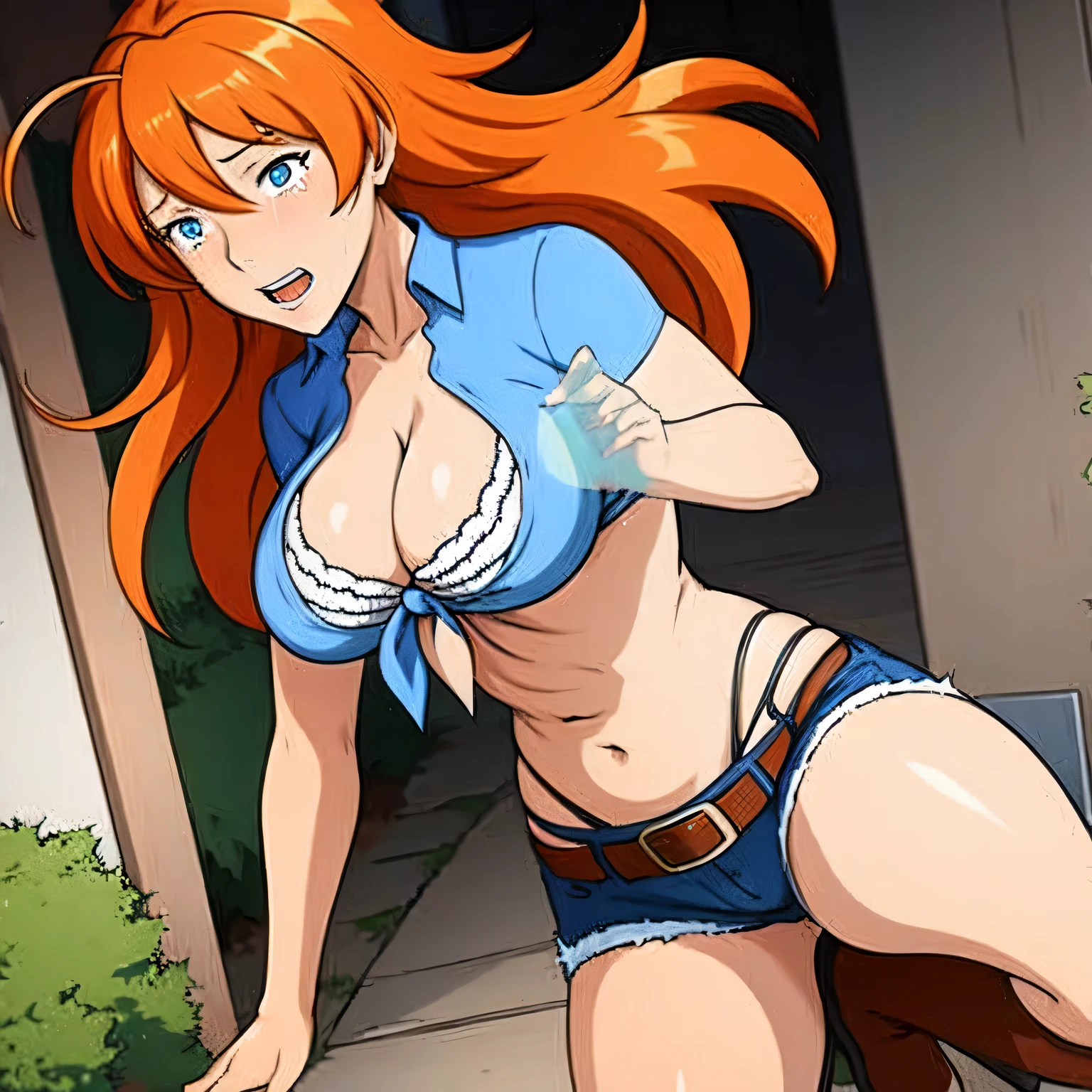 (masterpiece, best quality:1.2), 1girl, solo, denim shorts, boots, midriff, large breasts, cleavage, front-tie top, tied shirt, belt, underwear, orange hair, long hair, navel, ahoge, breasts, traditional media, short shorts, crying, short sleeves