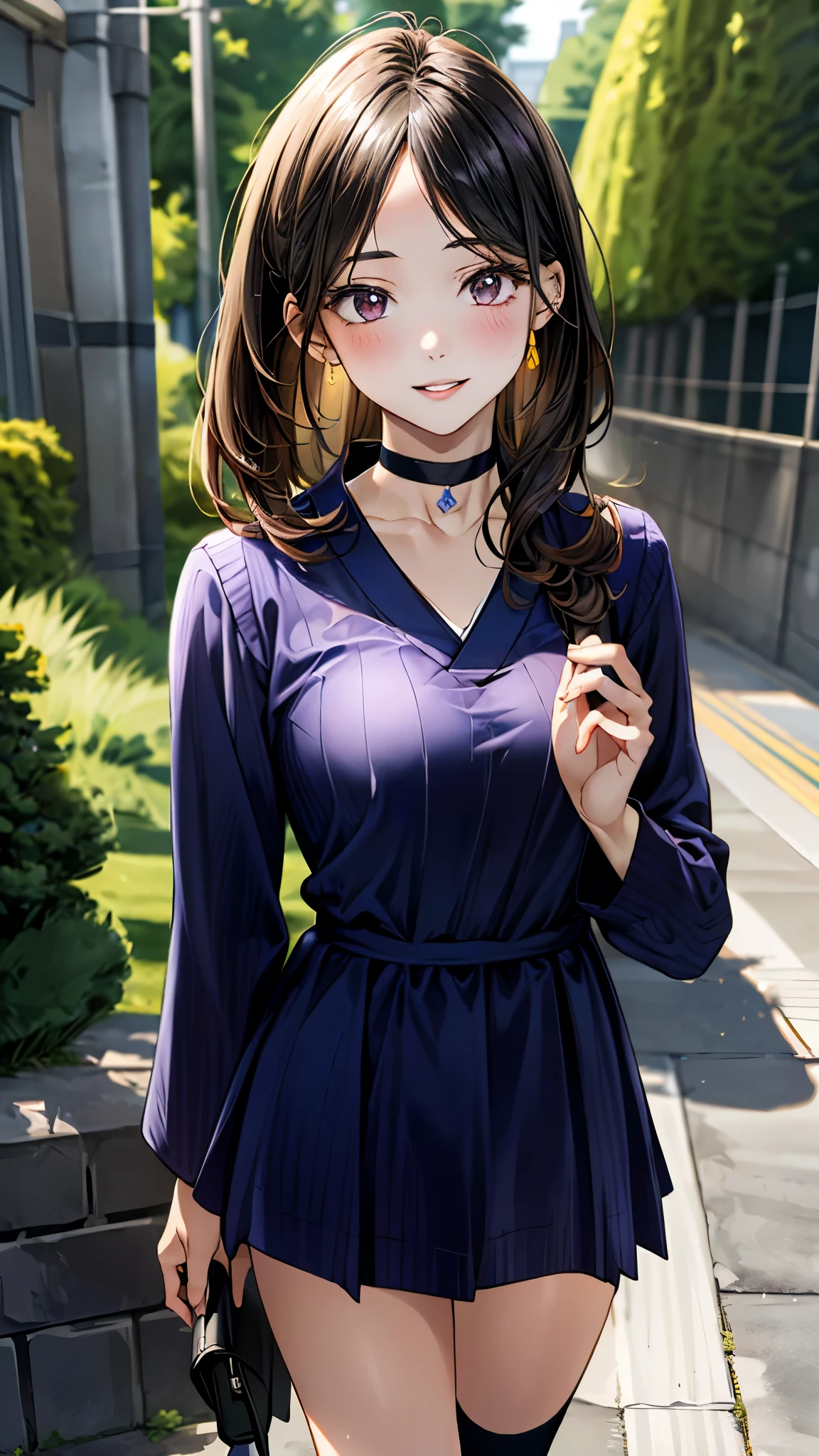(masterpiece:1.3, top-quality, ultra high res, ultra detailed), (realistic, photorealistic:1.4), beautiful illustration, perfect lighting, natural lighting, colorful, depth of fields,
beautiful detailed hair, beautiful detailed face, beautiful detailed eyes, beautiful clavicle, beautiful body, beautiful chest, beautiful thigh, beautiful legs, beautiful fingers,
looking at viewer, (face focus, upper body), 1 girl, japanese, high school girl, perfect face, (perfect anatomy, anatomically correct), cute and symmetrical face, face, , shiny skin,
(long hair:1.7, straight hair:1.6, black hair), ((parted bangs, forehead)), dark brown eyes, slant eyes, long eye lasher, (medium breasts), slender,
((long sleeve v-neck dark purple knit dress, black choker)), navy school socks, ,
(beautiful scenery), evening, (school gate), standing, (call on phone), (seductive smile, upper eyes, parted lips),