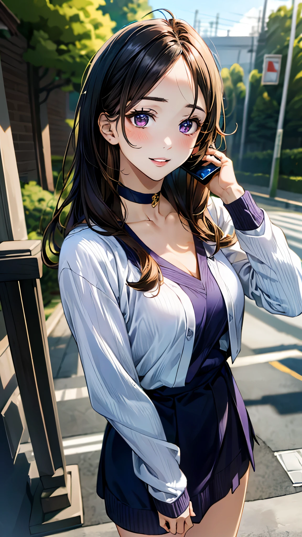 (masterpiece:1.3, top-quality, ultra high res, ultra detailed), (realistic, photorealistic:1.4), beautiful illustration, perfect lighting, natural lighting, colorful, depth of fields,
beautiful detailed hair, beautiful detailed face, beautiful detailed eyes, beautiful clavicle, beautiful body, beautiful chest, beautiful thigh, beautiful legs, beautiful fingers,
looking at viewer, (face focus, upper body), 1 girl, japanese, high school girl, perfect face, (perfect anatomy, anatomically correct), cute and symmetrical face, face, , shiny skin,
(long hair:1.7, straight hair:1.6, black hair), ((parted bangs, forehead)), dark brown eyes, slant eyes, long eye lasher, (medium breasts), slender,
((long sleeve v-neck dark purple knit dress, black choker)), navy school socks, ,
(beautiful scenery), evening, (school gate), standing, (call on phone), (seductive smile, upper eyes, parted lips),
