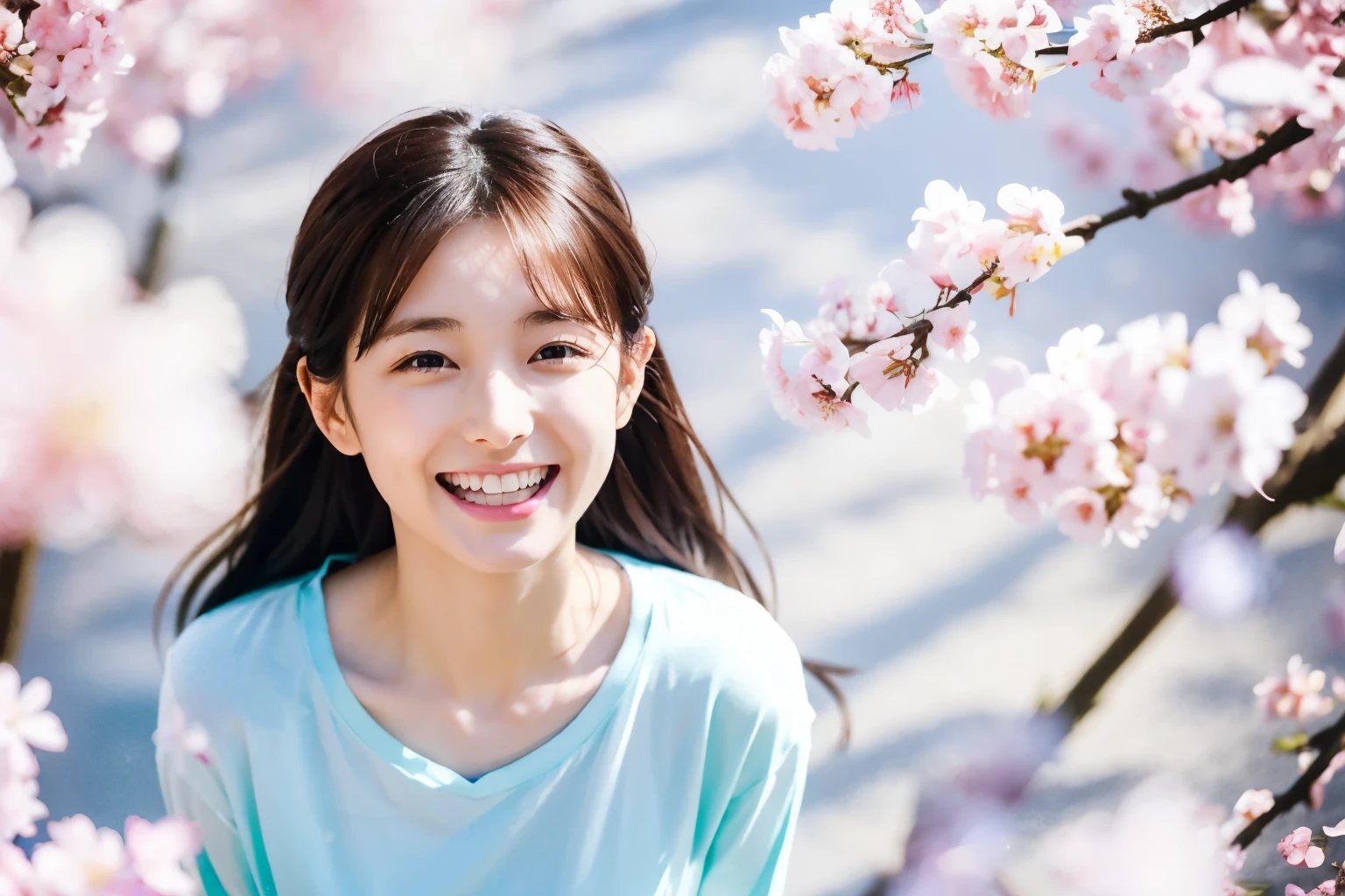 Maria from Japan, (masterpiece, best quality:1.2), (raw photo),(film gain:0.7),
(beautiful 20yo girl), (dapped sunlight:0.6),
(flat bangs:0.7), long hair with her hair fluttering, (laugh), (dynamic pose),
(soft pastel-colored T-shirts),
BREAK
(at the blossom), (Petals fluttering:1.2), (from above),