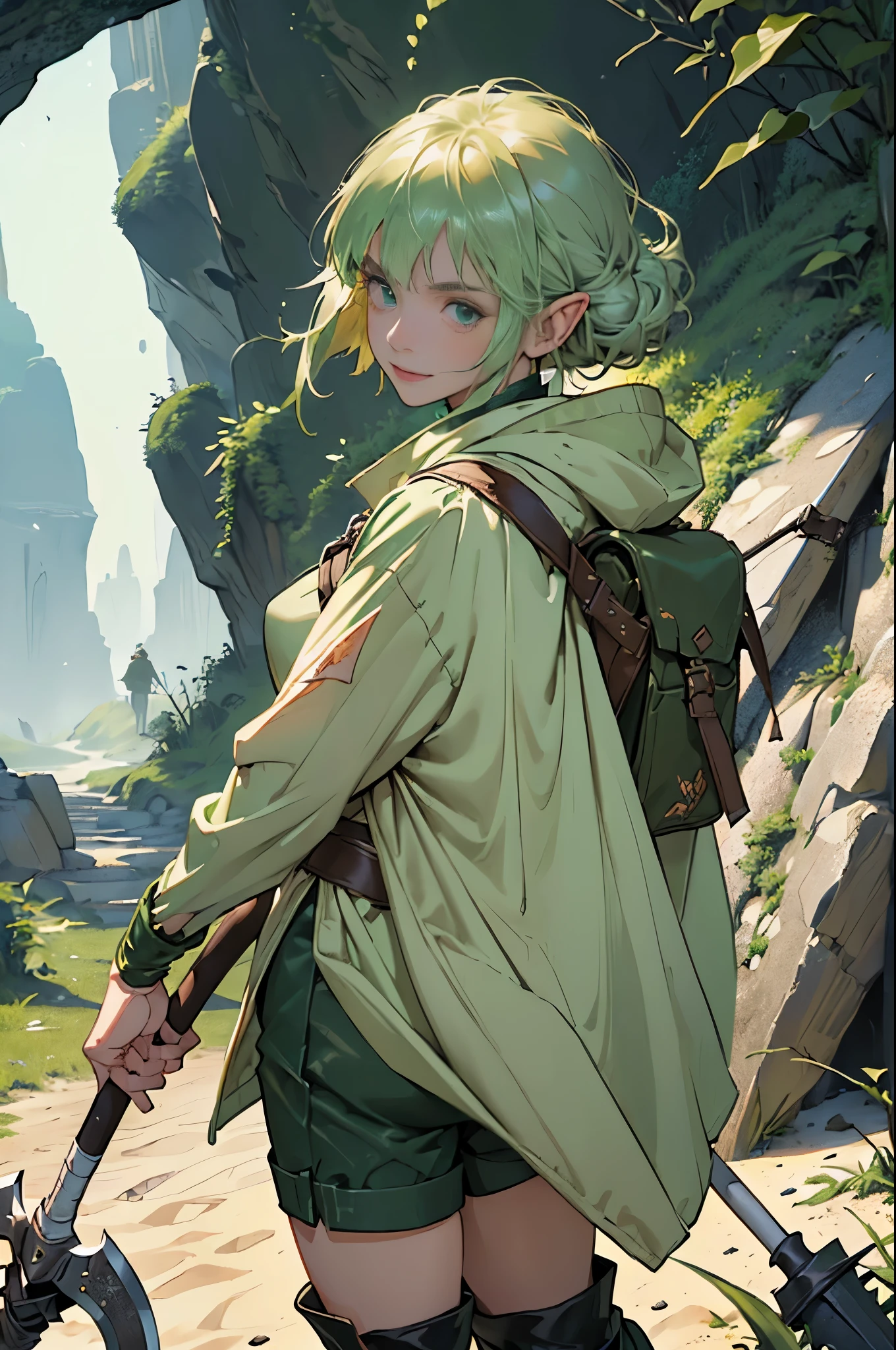 (((((girl))))), masterpiece, ultra detailed, 8K Portrait, Raw photo, woman's portrait photography, full body, Highly detailed smile face, ((Fantasy)), (((hobbit))), ((Adult)), 45 years old, 110cm, (((cave explorer))), ((white skin)), greenish blond twin tail hair, (wearing a helmet), (((dark green silk long cloak))) Fluttering in the wind, (((explorer safari jacket))), leather grooves, (((short pants))), (((large back pack))), (((equip a pickaxe))), Midday sun, Hyper realistic, Slender body, by the foggy castle, Ambient lighting, Shadow details , Camera focus on face, strong breeze, Light fog