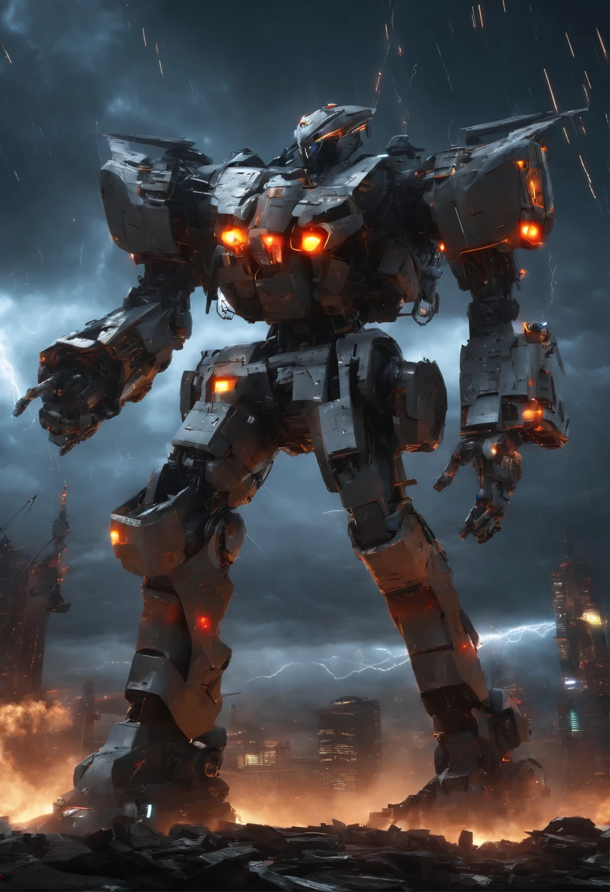 Best quality, Battle scene between two mechs, inspired by Evangelion, amidst a stormy sky, dynamic poses showing combat movement, debris flying around, lightning illuminating the scene, a wide-angle shot to capture the epic scale of the battle.