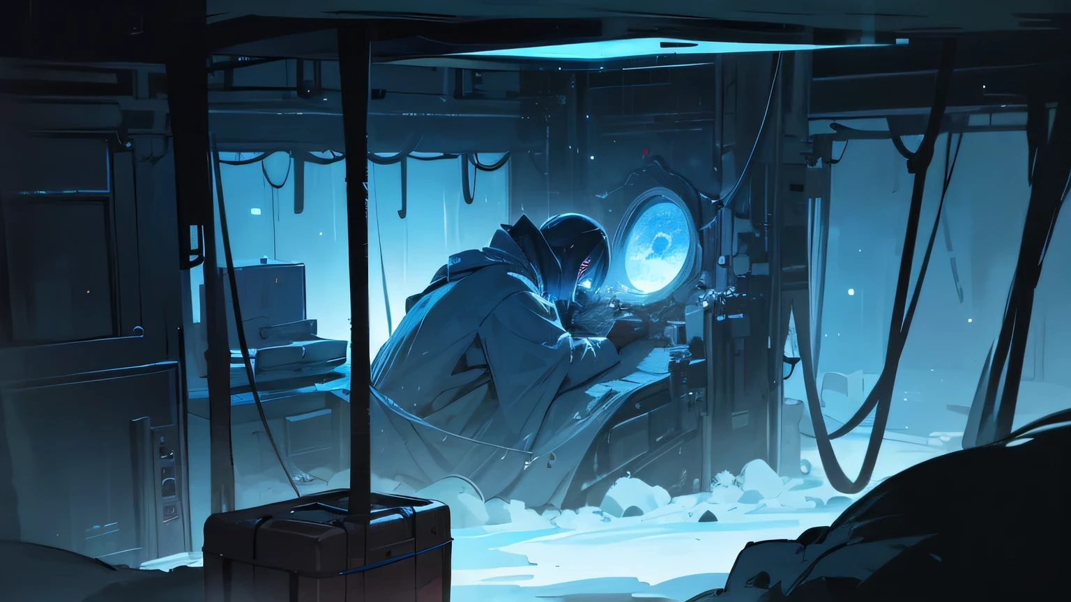cold atmosphere: describe: The cabin is filled with a cold breath,Surrounded by cold metal walls and cool lights,Gives people a strange and cold feeling。 Deep space: The interior space of the hibernation cabin is relatively narrow,The dark space outside can be seen through the glass bulkhead,Starlight twinkles in the distance,Give people a kind of loneliness、The feeling of silence。 Luo Ji'posture: Luo Ji'The body is curled up in the hibernation cabin,Showing a helpless and tired posture,It appears that he experienced great fatigue and struggle in waking up.。 Equipment: Some technological equipment and instruments can be seen around the cabin,Such as control panel、exhibit, ETC,exhibits various data and information,Highlighting the high development of future technology。 mysterious atmosphere: 整个场景笼罩着一种mysterious atmosphere,Gives people a sense of unknown and exploration,It also hints at the challenges and adventures Luo Ji will face..。