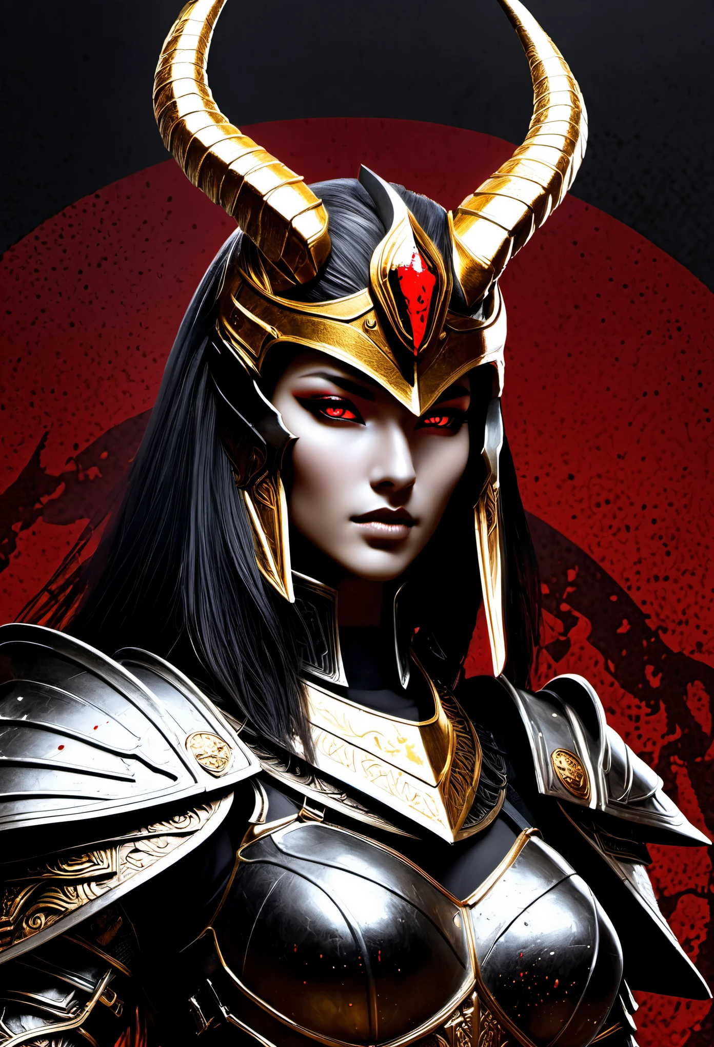 a piece of digital art，Depicts a female warrior with a golden head and horns，Wearing dark armor，Shine faint lustelm Still，unfinished, hatching (texture)，The black battlefield background is replaced with a circular composition of splattered blood.，Dark atmosphere enhanced，Natural light turns to dim light，(((Black leather)))The skin reflects the mysterious atmosphere，Full-length portrait of a dragoon exudes majesty，The mysterious Anubis and Valkyrie jointly protect，Ultra-detailed depictions of fantasy characters，Robot dragon portrait adds sci-fi feel，Balanced coloring of black, white and red emphasizes horror and fantasy，Sleipnir&#39;s photos incorporate dark elements，The ghost of Anubis wanders in the darkness，4K details fantastically display exquisite images，Polaroid counting trend enhances artistic feel，zbrush contest winner drawing，Zbrush central competition champion masterpiece，The soldier is covered in blood：1.2 versions presented，Dark blood and battle armor intertwined，Add more traces of battle，Deepen the dark and mysterious atmosphere without changing the subject&#39;s temperament