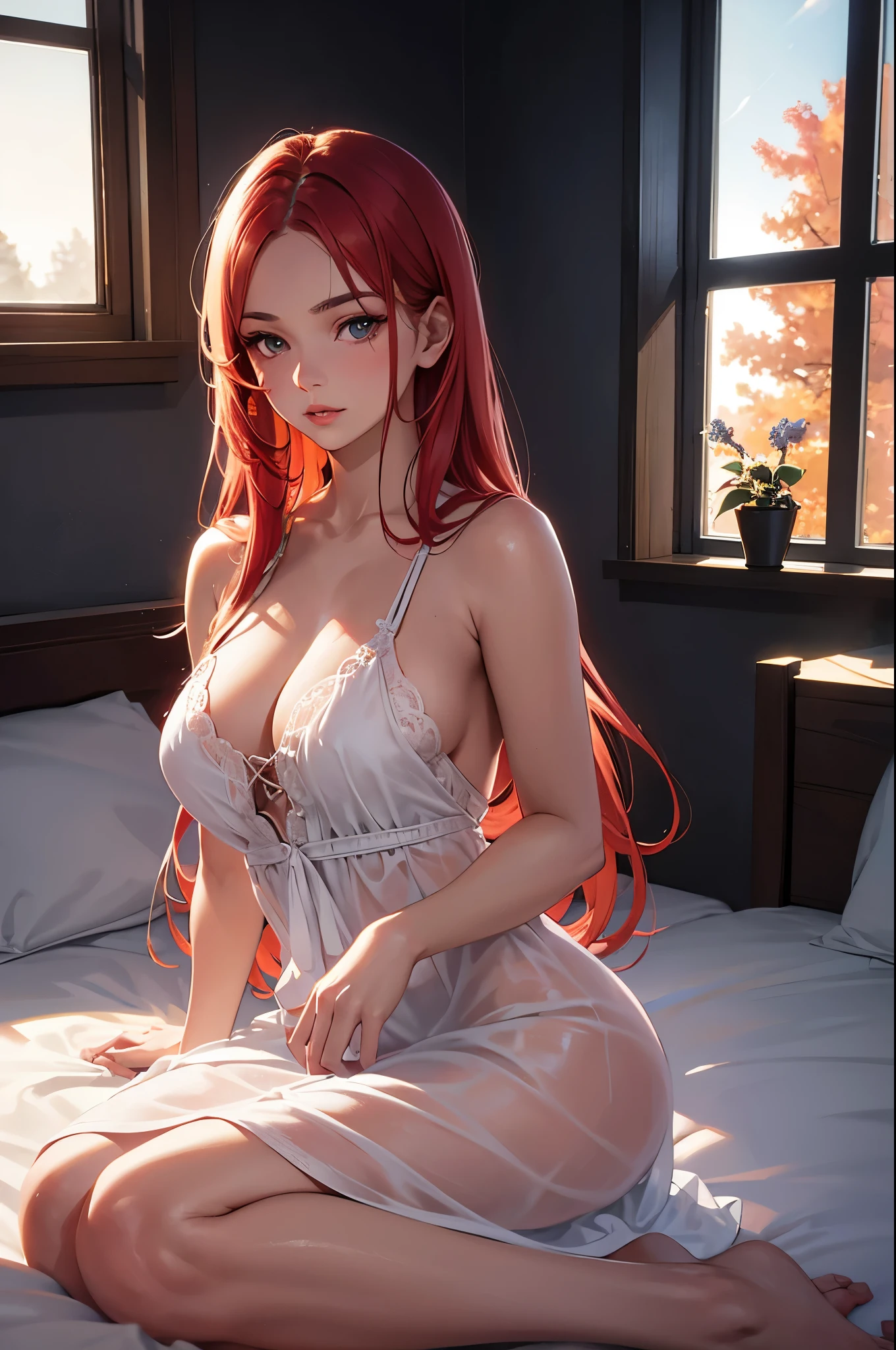 nordic young woman, cute face, seductive, best quality, masterpiece, translucent summer dress, golden hour, detailed textures, long braded hair, sitting on bed, posing, casual pose, wooden cottage, interior, [blush], aesthetic, intricate, caustics, light rays, sunlight, (((soft lips))), (((glossy lips))), highly detailed, (semi-realistic:1.2), niloudef, red hair
