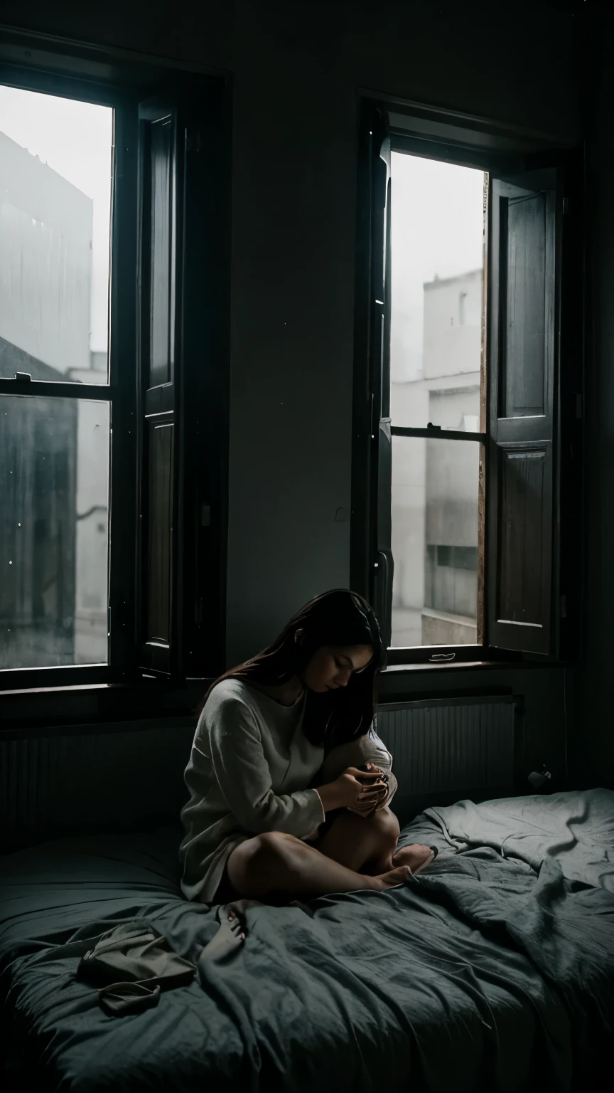 "In a dimly lit room, an individual sits on the edge of the bed, amidst the quiet that envelops the space. Faint light from the open window illuminates the corners, casting a profound sense of loneliness. In their hands, a photograph is held, observed with profound sadness. The view outside the window feels distant, contrasting with the emptiness felt within their heart. The sound of the rain falling softly blends with the faint sobs heard,