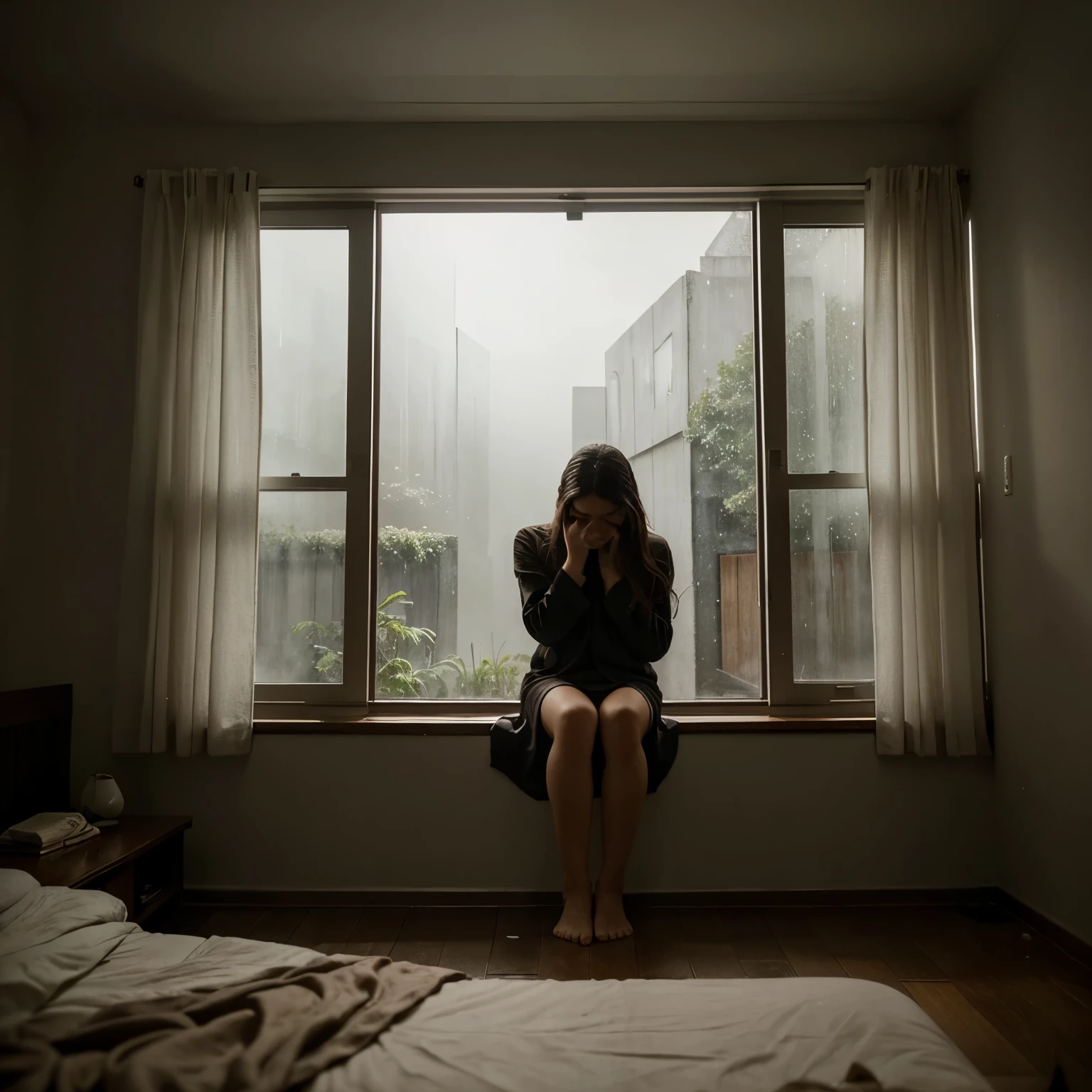 "In a dimly lit room, an individual sits on the edge of the bed, amidst the quiet that envelops the space. Faint light from the open window illuminates the corners, casting a profound sense of loneliness. In their hands, a photograph is held, observed with profound sadness. The view outside the window feels distant, contrasting with the emptiness felt within their heart. The sound of the rain falling softly blends with the faint sobs heard,