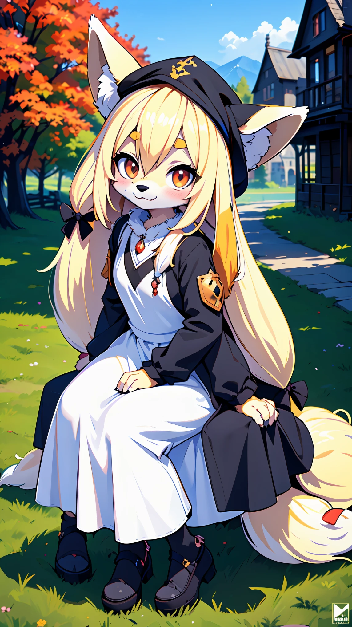 (Round eyebrows:1.5),(sitting:1.5),((height 120cm:1.5)),(smile),2 girls,((black hat:1.3)),(chibi:2.0),((Fantasy townscape:1.5)),(wolf tail),(spread arms),(dog paw pad),(engagement ring),((toddler)),nobility,(white wolf girl),(teen),((white color long hair:1.7)),(fur skin),(pure white long dress:1.7),brown corset,steampunk,female,(furry),(big black ribbon on head:1.3),(Round eyebrows),(wolf ear),(wearing) Luxurious medieval fantasy outfit, (character) , (Best Quality,4k,8K,hight resolution,Masterpiece:1.2), Ultra-detailed, (Realistic,Photorealistic,photo-realistic:1.37), HDR, UHD, studio lightning, ultra-fine painting, sharp-focus, physical based rendering, extreme detail description, Professional, Vivid colors, bokeh, (em) portrai, landscape, photografic, Concept Artists (style of), (with a) vibrant color palette, (pa) soft-lighting. Jewelry,