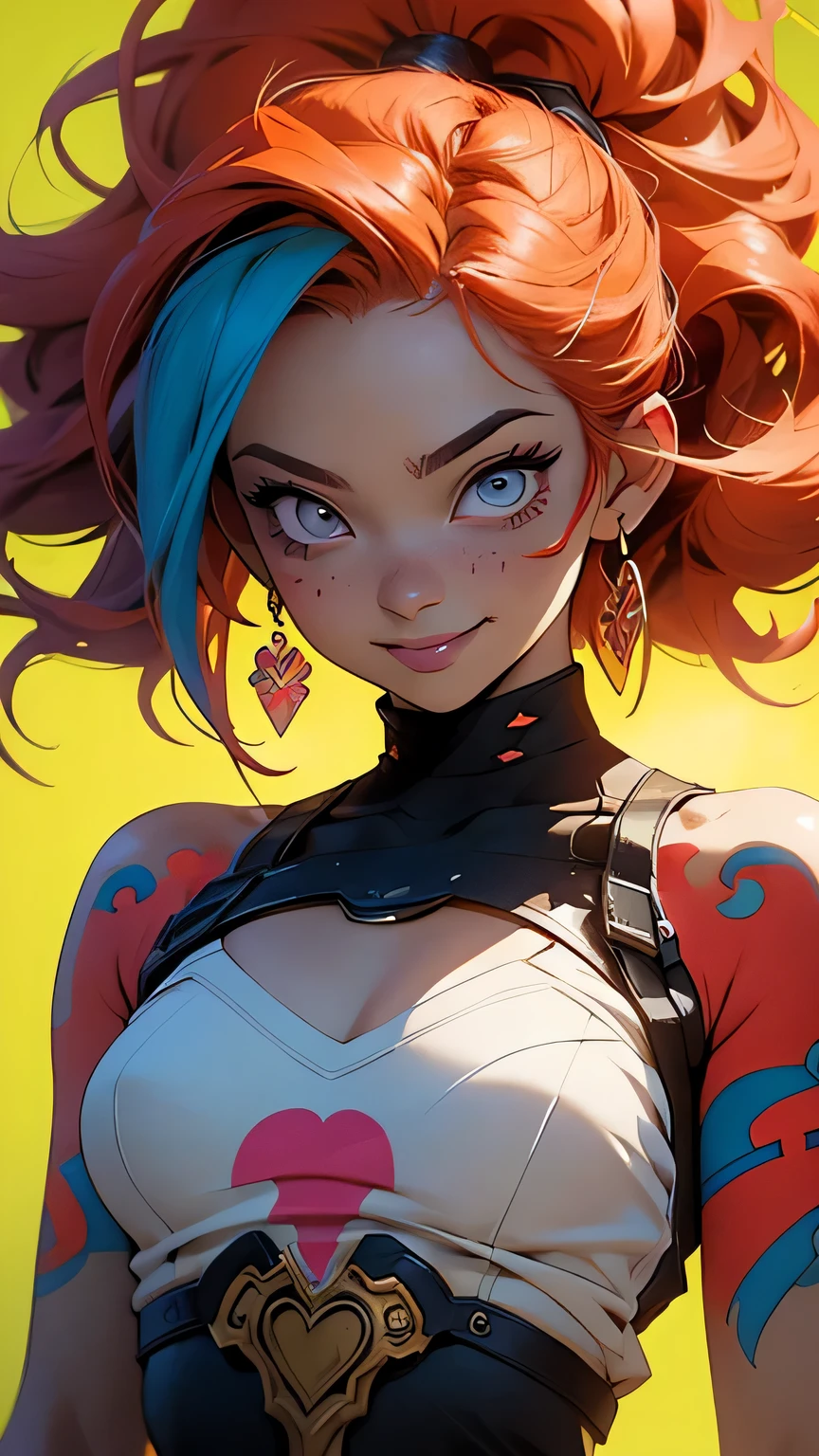 Anime style illustration of a female character with red and blue hair, wearing colorful tattoos on her chest and smiling against a yellow background. The artwork features bright colors, intricate details and sharp focus with high resolution and high detail. It has a perfect composition in the anime art style with the Japanese manga artstyle. The rendering is of the best quality in the style of Akira Toriyama and Nyo. --ar 21:32