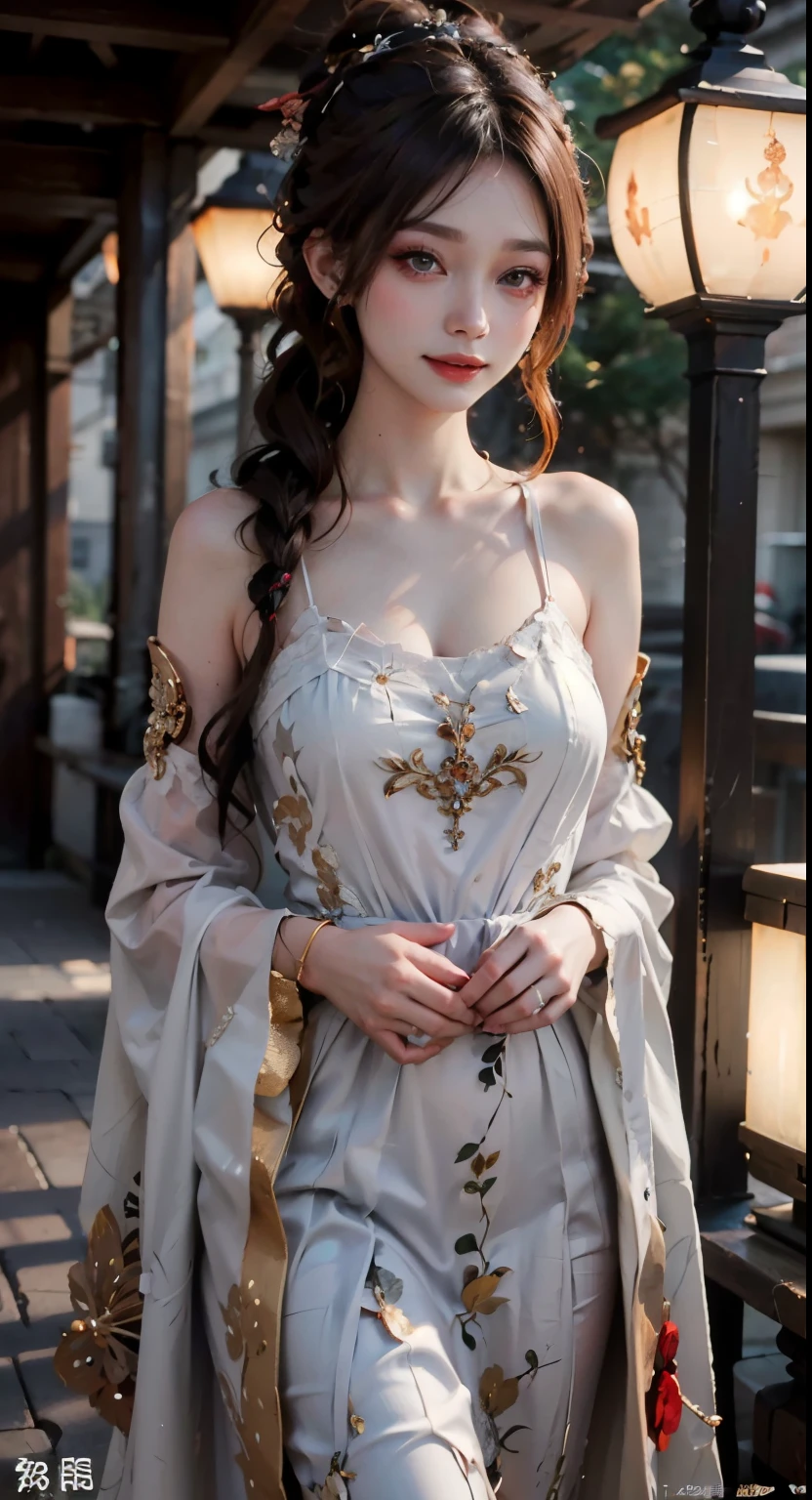 Modify hair only、Face）white dress，Reddish-brown hair，curls，ponytail，Nice bun，Perfect hairstyle，red headdress，red eyes，red eye，red pupils，Delicate and detailed eyes，clear eyes，Red eyes，huge ，smile，happy