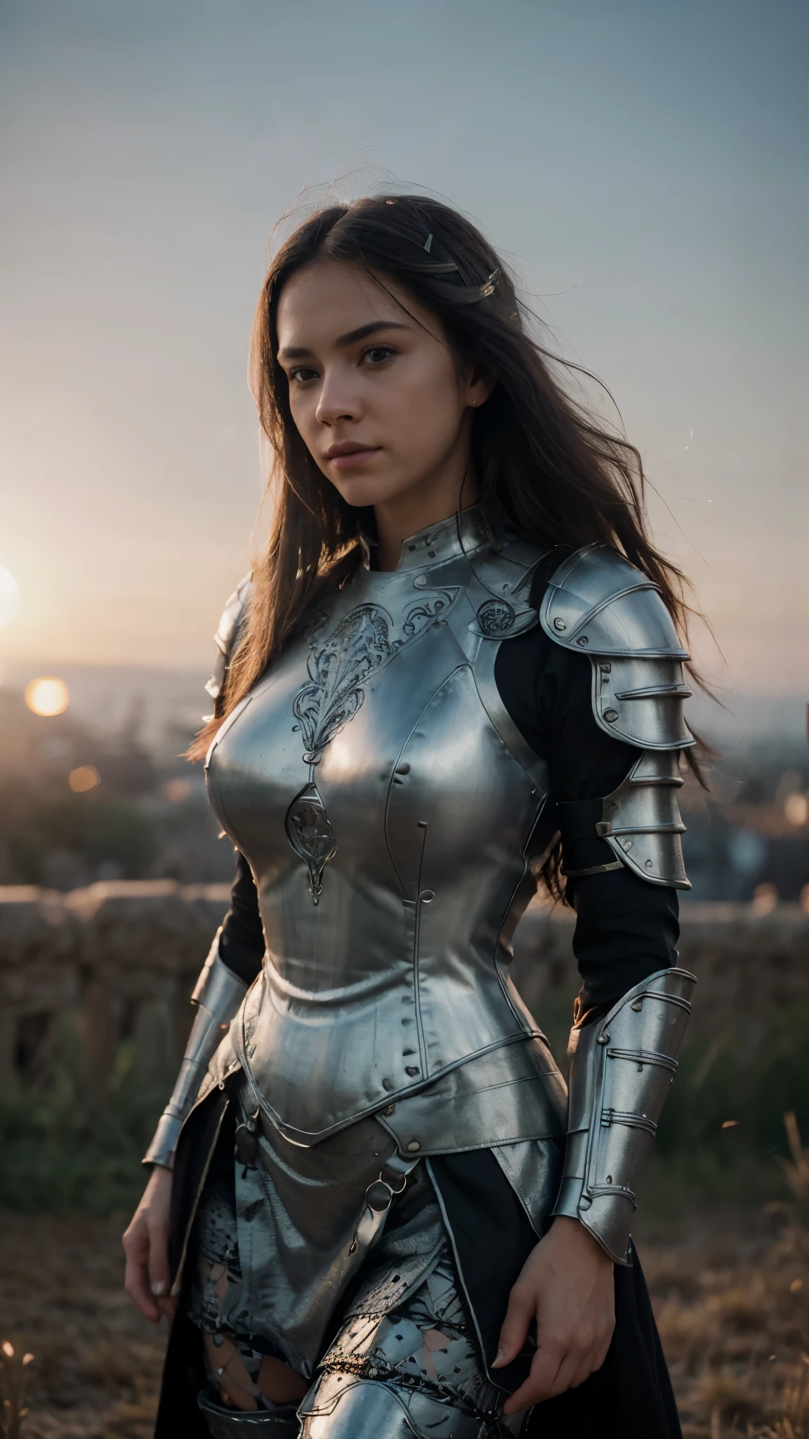 (masterpiece), (extremely intricate:1.3), (realistic), portrait of a girl, the most beautiful in the world, (medieval armor), metal reflections, upper body, outdoors, intense sunlight, far away castle, professional photograph of a stunning woman detailed, sharp focus, dramatic, award winning, cinematic lighting, octane render unreal engine, volumetrics dtx, (film grain, blurry background, blurry foreground, bokeh, depth of field, sunset, motion blur:1.3), chainmail