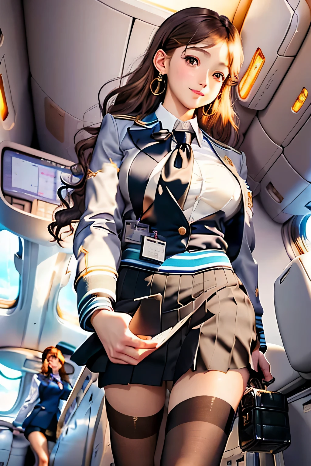 (masutepiece:1.3), high resolution, ultra-detailliert, the Extremely Detailed CG Unity 8K Wallpapers, Reality, photo-Reality, Raw photo, beautifull detailed face, pale skin, Reality skin, Detailed Cloth Texture, detailed hair texture, perfectly proportions, pretty face, 准确, anatomically correct, Highly detailed face and skin texture, Natural neck length, (shiny necklace, marriage ring), (beautiful hand air skin:1.2), slim legs, Thin feet, Sexy thighs, 
BREAK, 
Detailed eyes, Symmetrical eyes, Light brown eyes, double eyelids, Thin eyebrows, (Glossy lips:1.4), ((worried face:1.2)), (Drunk:1.2), 
BREAK, 
(Classy flight attendant girl), (In the case of a flight attendant uniform:1.2),  
(Medium to large chest of drawers:1.2, nice shaped breasts:1.2, Slender figure:1.1), 
(dark brown hair, wavy hair), ((medium hair, asymmetrical bangs:1.2)), (upperbody shot:1.2), ((From below:1.3)), ((Focus on the hands:1.2))
BREAK, 
((Wariza with her hands on the floor:1.3)), (Inside the aircraft:1.2),