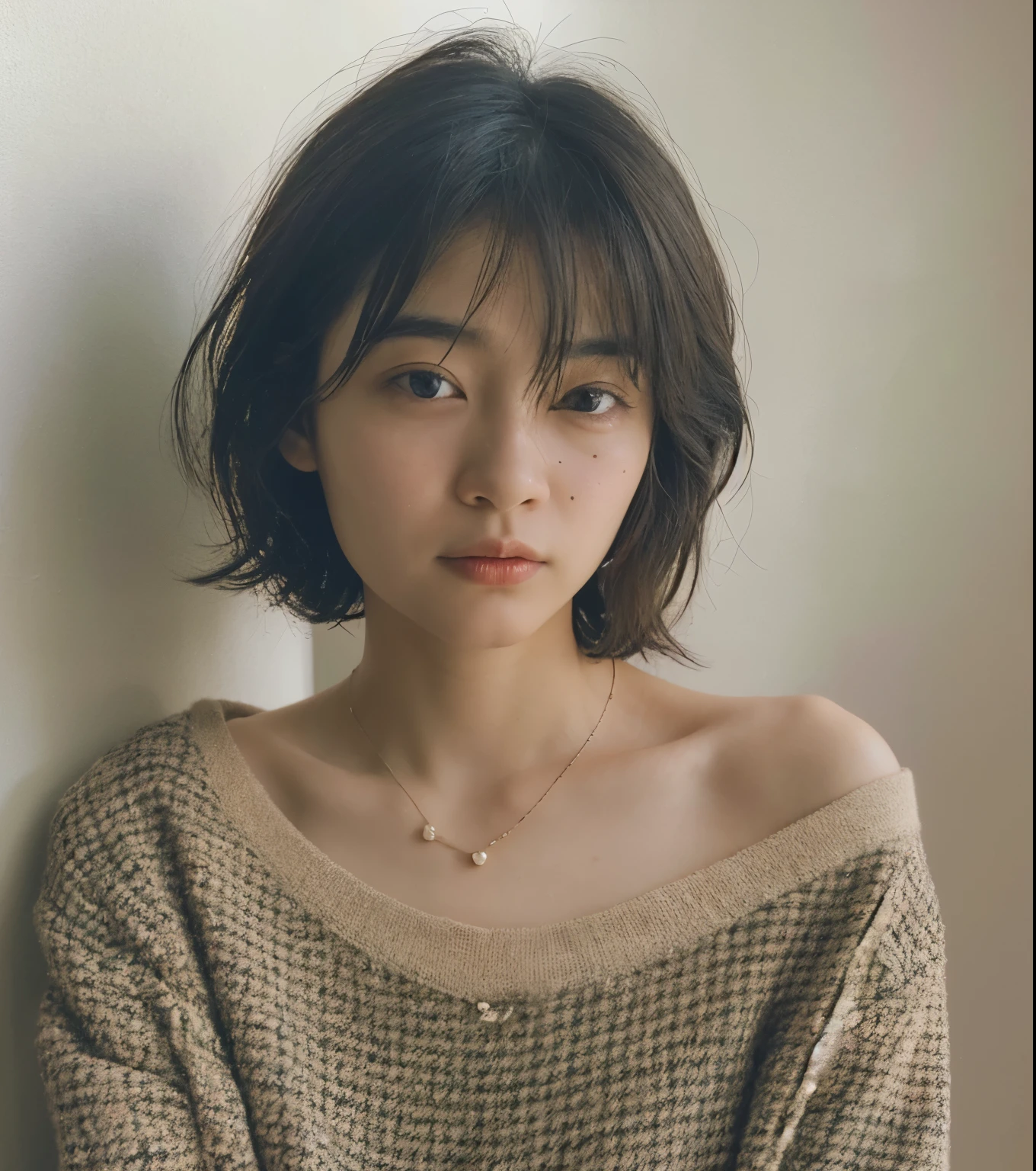 (very realistic photo, concentrated、High resolution, detailed face, fine eyes), ((Taken in front of a white wall))、japanese woman, 20-year-old, various expressions, Upper body、alone:1, slim body shape, various hairstyles,Sheer black long sleeve top、Only one person is in the photo、Photographed in natural light、simple necklace、bob hair、shortcut、looking at the camera