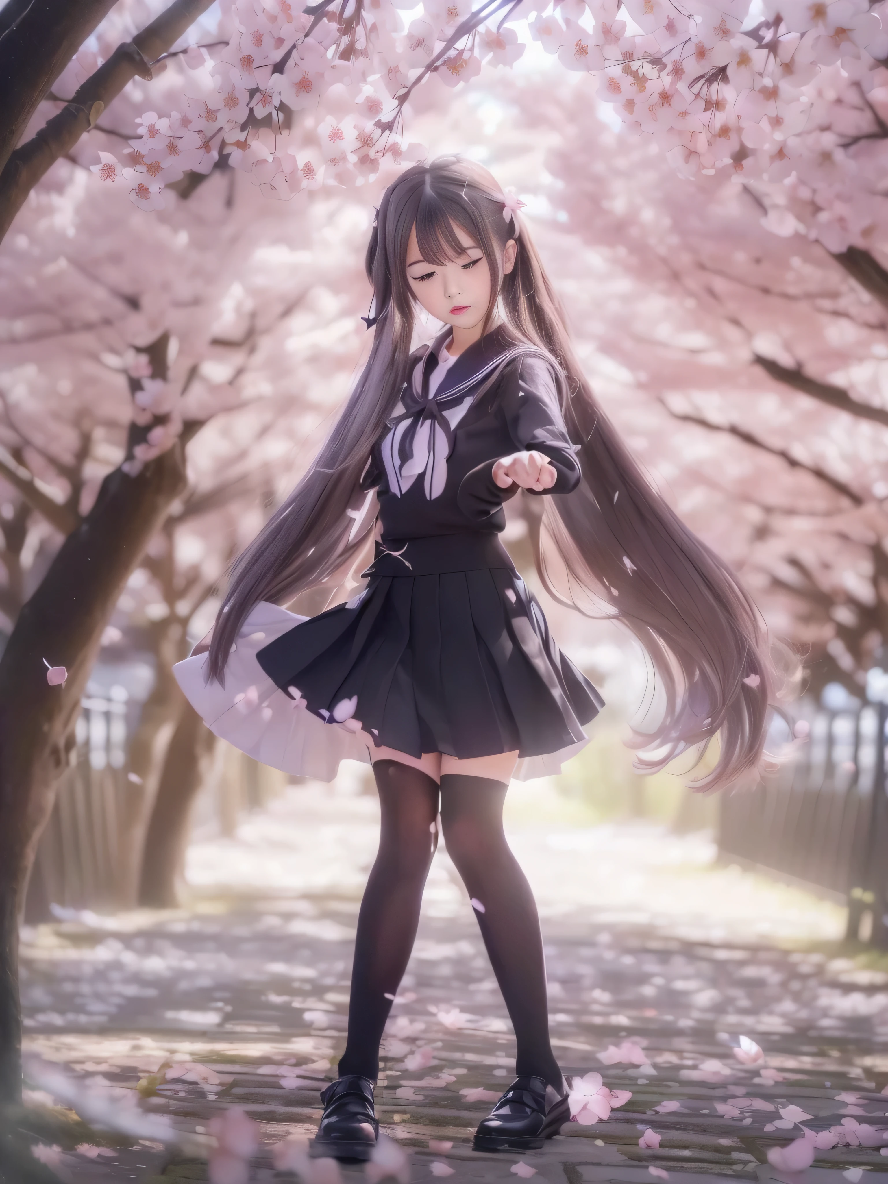 (((RAW image quality:1.4))), super beautiful photos，highly detailed background，realistic，Super detailedな，super dense skin，detailed beautiful face and eyes，retina, table top, Accurate, anatomically correct, rough skin, Super detailed, advanced details, high quality, award-winning, 最high quality, High resolution, 8K,ultimate beautiful girl, break,Close-up of a girl in a dress and shirt, loose coat collar sailor suit, thin head,magical school student uniform, japanese girl uniform,, cute dress, Caitlin mini cute style, wears long flowing clothes, , magic , black and white clothes, stylish dress, High school girl wearing a gothic dress, black quick, elegant clothes,((small breasts:1.7,thin legs,thin thighs:1.4)),slim body shape,highly detailed eyes and face、beautiful and detailed eyes,tsurime,beautiful skin,brilliance of details、The skirt is ironed、No wrinkles，((smooth hair，thin hair，very thin hair))，(knee length skirt:1.7),1 girl,thin legs,beautiful feet,alone,wearing underwear,face becomes smaller,realistic expression,(A face that feels:1.6),enchantment,white skin raw photo,Shyness,longing for love,((cool color makeup，lowered eyebrows、whitening effect，thin and thin eyebrows，((fleeting girl，expression of joy))，very soft lighting，eight-headed body，shine of light，According to II，Lens flare，sharpen，cinematic shadow,Change time zone when shooting.，school zone，Kantai Collection Style, ((200 cherry blossom petals dancing in the wind:1.4))、(Background of many cherry blossoms in full bloom:1.4), (blurred background:1.4)