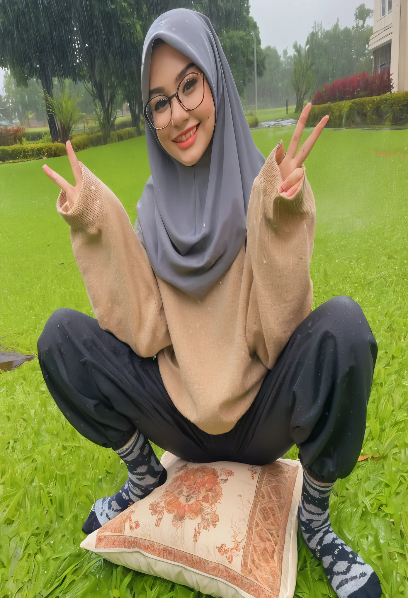 a young female curvaceous smile and squat on lines motifs bed-pillow in the wet-grass yard. in the rain. pillow on the between leg. W-sitting. skirt. glasses. socks.