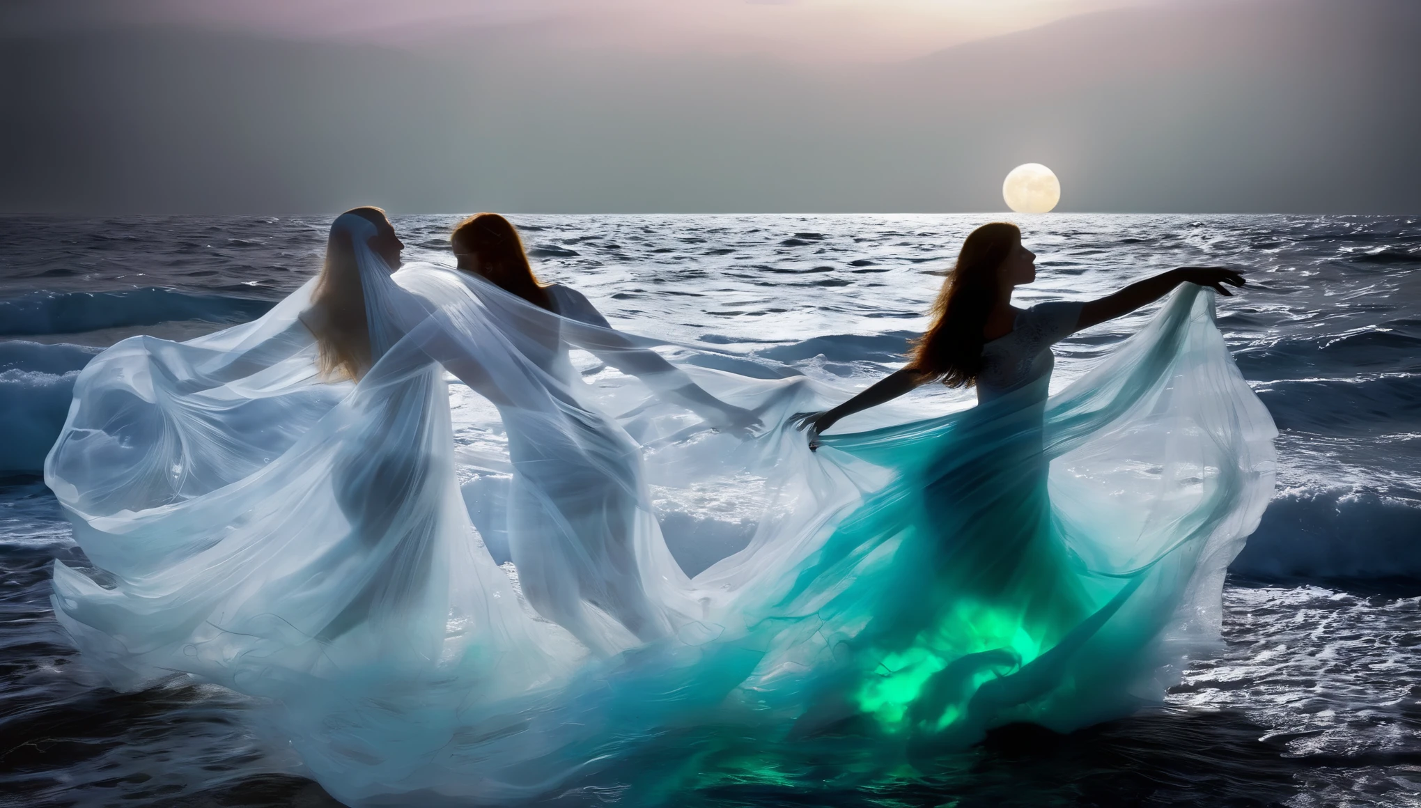 (best quality,ultra-detailed,realistic),translucent glowing ghosts of the passengers(shipwrecked:1.1,spirited) of the 'titanic', mesmerizingly dancing over the vast sea. The moonless sky casts an eerie darkness, accentuating the ethereal essence of the scene. A (hauntingly beautiful) ghostly band, visible only as subtle wisps of light, plays melancholic music, serenading the lost souls. The haunting melodies mix with the sound of crashing waves, creating a haunting symphony (harmony:1.1). The shipwreck's remnants, submerged beneath the water's surface, serve as a hauntingly beautiful backdrop. The (mysterious) depths of the sea add an air of mystery and uncertainty, making the ghostly dance even more captivating. The faint glow of bioluminescent organisms (illuminates:1.1) the surrounding water, infusing the scene with a surreal and ethereal ambiance. The ghosts move with (graceful, fluid) movements, their semi-transparent figures blending with the misty atmosphere. As they sway and twirl, their (tattered, flowing) clothing adds to the ethereal beauty of their dance. Time seems to stand still in this haunting moment, capturing the essence of the tragic tale of the 'titanic' and immersing viewers in a realm between the living and the spirit world.