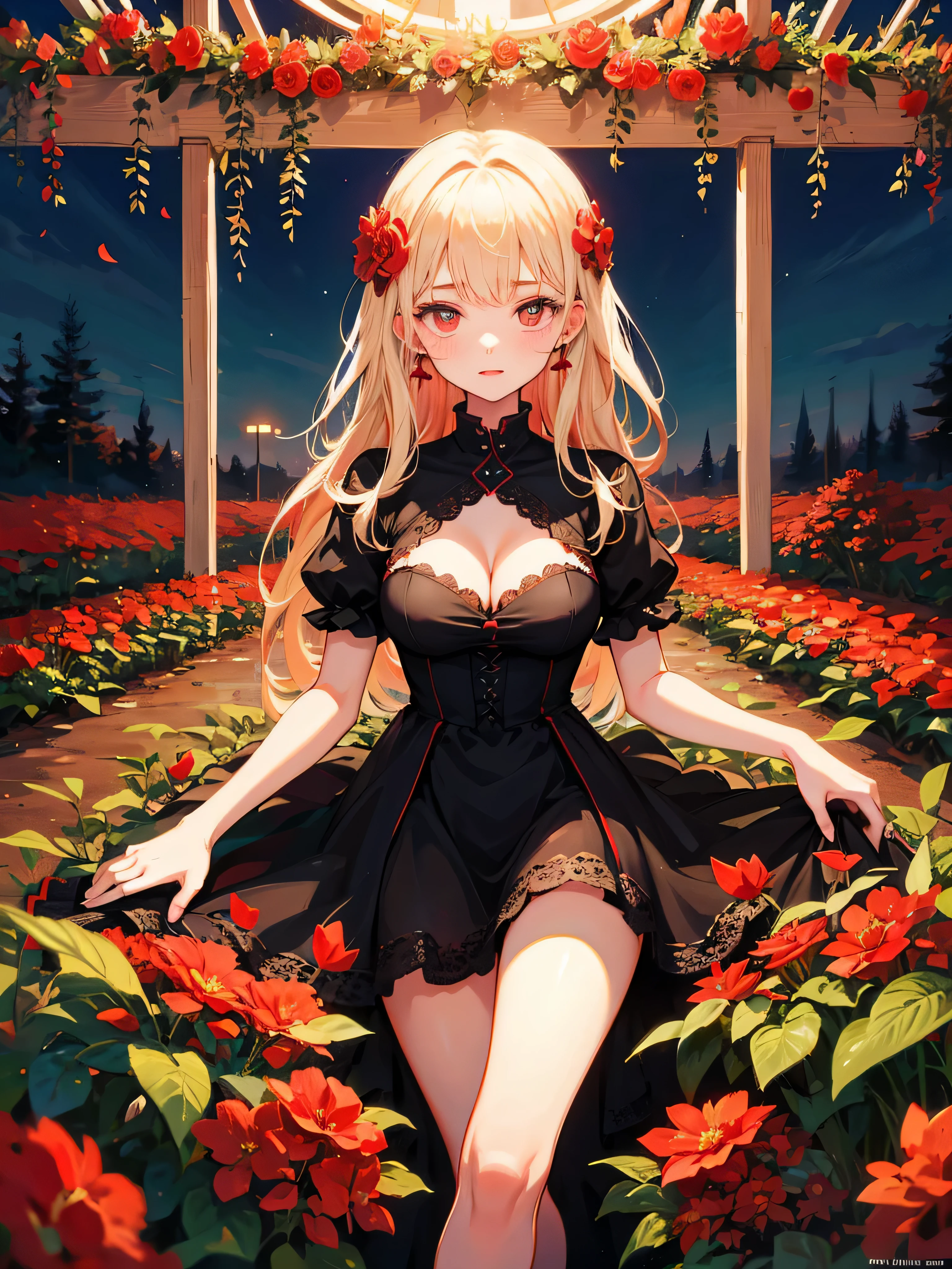 dark theme , (highest quality, masterpiece:1.2), 18 year old girl in the garden, black cleavage dress, (Red flowers are scattered in the background:1.3)