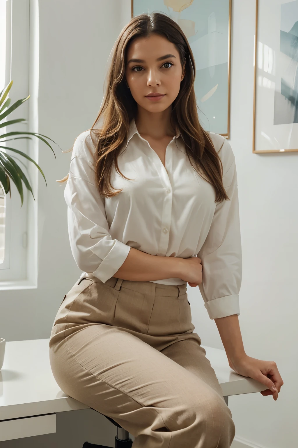 "Imagine a poised young professional woman seated on a sleek office chair. She's dressed smartly in a crisp white blouse paired with tailored beige slacks. Her medium-length hair cascades in gentle, effortless waves, framing a face adorned with subtle, natural makeup. She gazes confidently at the viewer, embodying a blend of professionalism and approachability. The office setting is modern and minimalistic, with a hint of personal touch—a framed picture on the wall behind her, a tidy desk with a sleek computer monitor, all bathed in the soft glow of natural daylight pouring in from large windows. hyper-realistic, hyper-detailed, and photorealistic, with detailed hands.