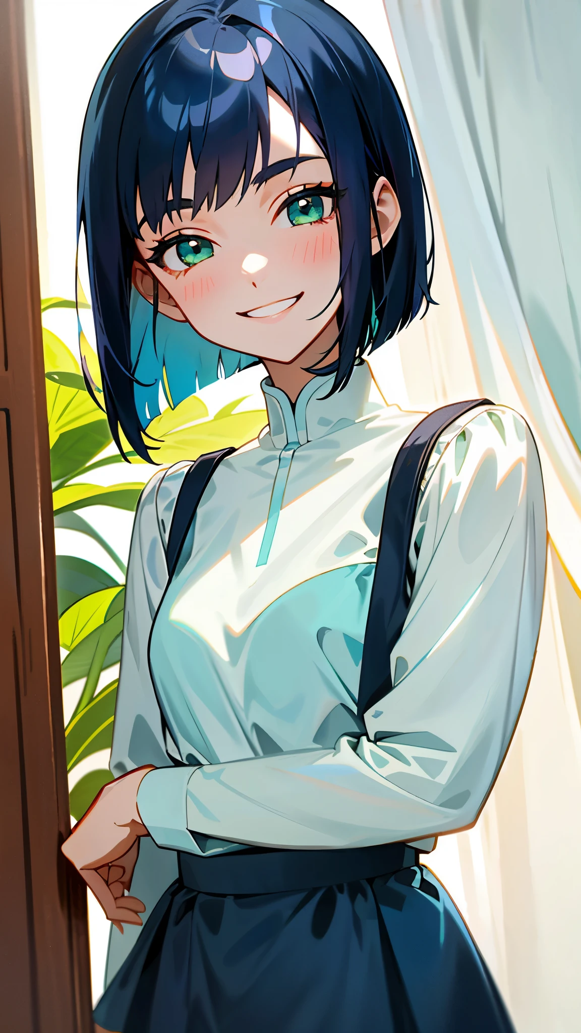  girl、one person、dark blue hair、bob cut、beautiful green eyes、grin、Clothes based on white color、blue skirt、indoor、Morning Cafe、Shiny and smooth skin、upper body close-up