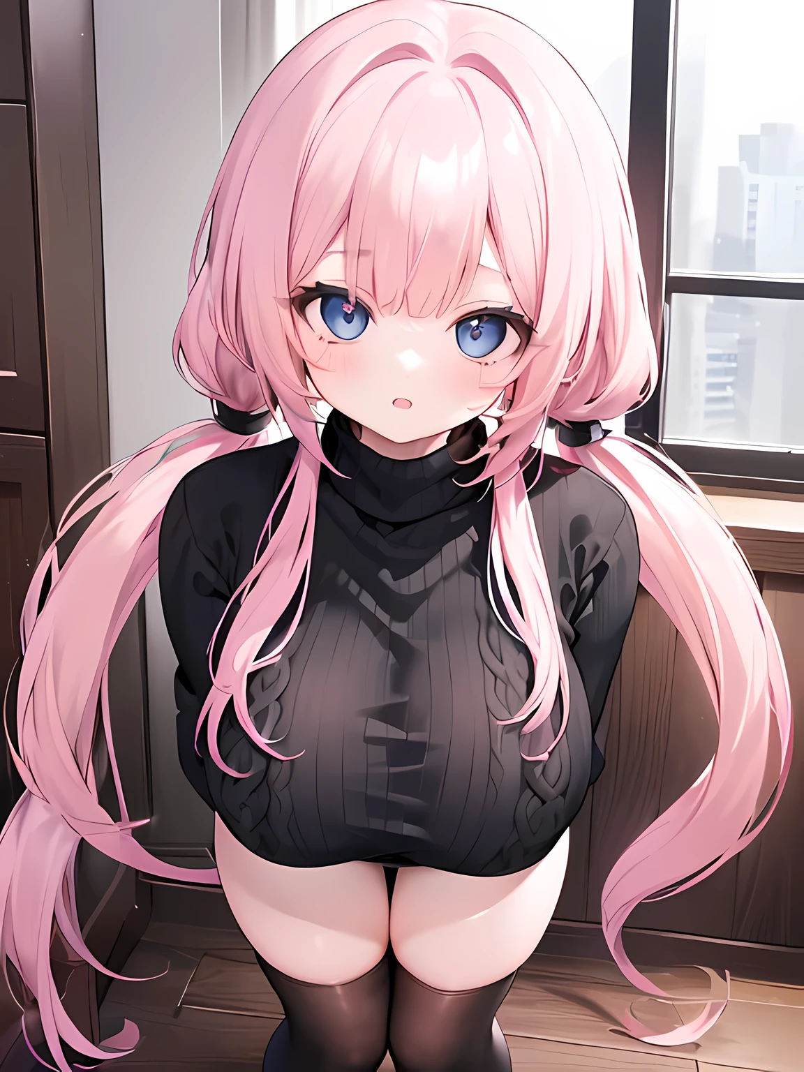 masterpiece,highest quality,(Super detailed),written boundary depth,perfect sentence, Detailed CG,Super detailed,(highly detailed eyes,very cute face,highly detailed face:1.3),beautiful anime girl,(solo girl:1.9),(super huge breasts:1.7),(pink hair,low twin tails:1.5),(light blue eyes:1.3),(smile full of joy),open your mouth,show viewer,break,(Black high-neck sweater:1.5),off shoulder,side boob,hot pants,knee high socks,zettai ryouiki,Snow is falling outside the window,night,dark room,break,Are standing,(my back is turned,look at the viewer:1.2),dynamic pose,(full body:1.2)