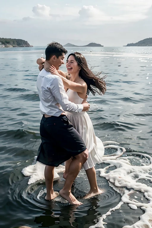 (Best quality at best,4K,8K,A high resolution,tmasterpiece:1.2),ultra - detailed,(actual,photoactual,photo-actual:1.37),Romantic background,two guys,A couple,Husband and wife,MV style,romantic movies,a joyful atmosphere,unknown protagonist,lindo cenario,Slow-motion shots,Intimate moments,Symbolic props,nature glance,Ethereal music,Expressive eyes,((happy time,playing at the beach,Chase each other,Make a splash,Full-body image))