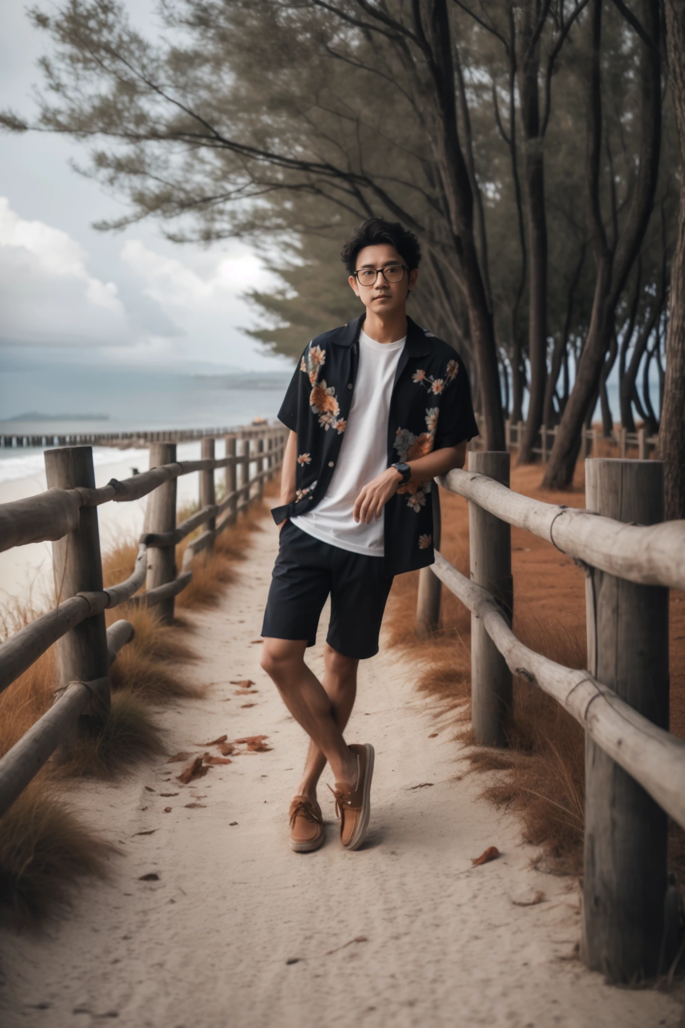 arafed man standing on a path near a fence and trees, mid shot portrait, full body photogenic shot, photo style of shawn paul tan, high quality portrait, near a jetty, with hawaiian shirt, casual photography, inspired by Adam Dario Keel, photo portrait, inspired by David Diao, posing on a beach with the ocean, thawan duchanee