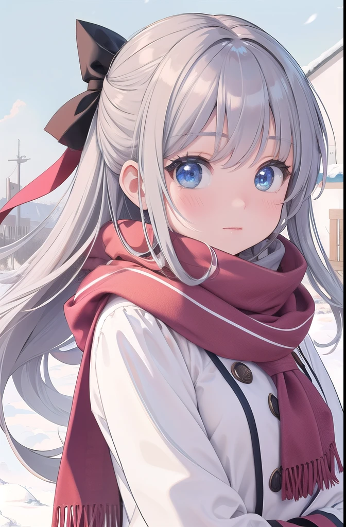 masterpiece, highest quality, High resolution, detailed background, fine eyes, ph Elaina, (White long sleeves:1.2) Eoutfit4, (wearing a scarf:1.2), Upper body, Elaina (majo no tabitabi), alone, long hair, bow, blush, bangs, hair between eyes, blue eyes, hair bow, shiny hair, side lock, hair tube, gray hair, single blade, shiny, hair ribbon, anime color, tokiwadai , strong Wind, Wind, outdoor, snow,  