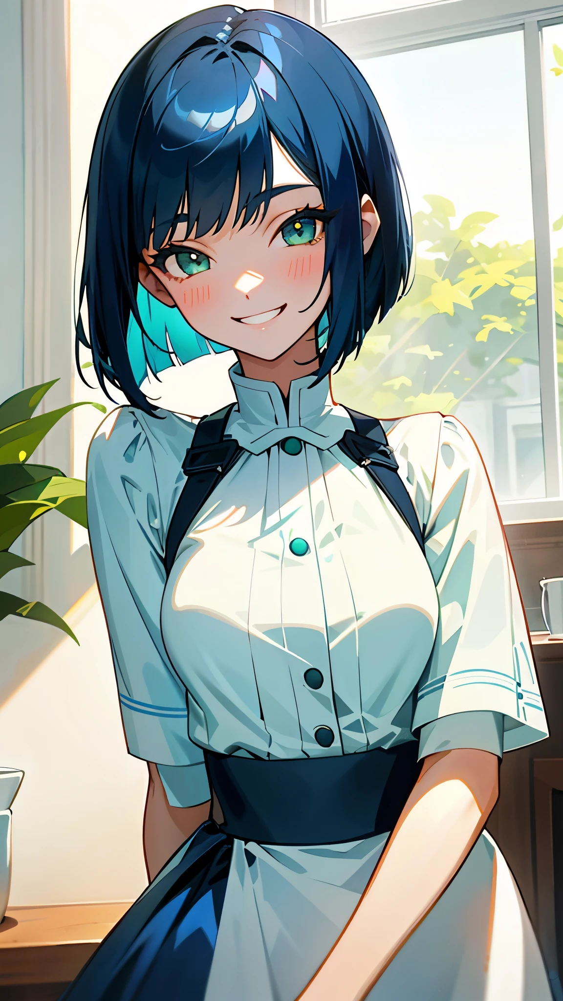  girl、one person、dark blue hair、bob cut、beautiful green eyes、grin、Clothes based on white color、blue skirt、indoor、Morning Cafe、Shiny and smooth skin、upper body close-up