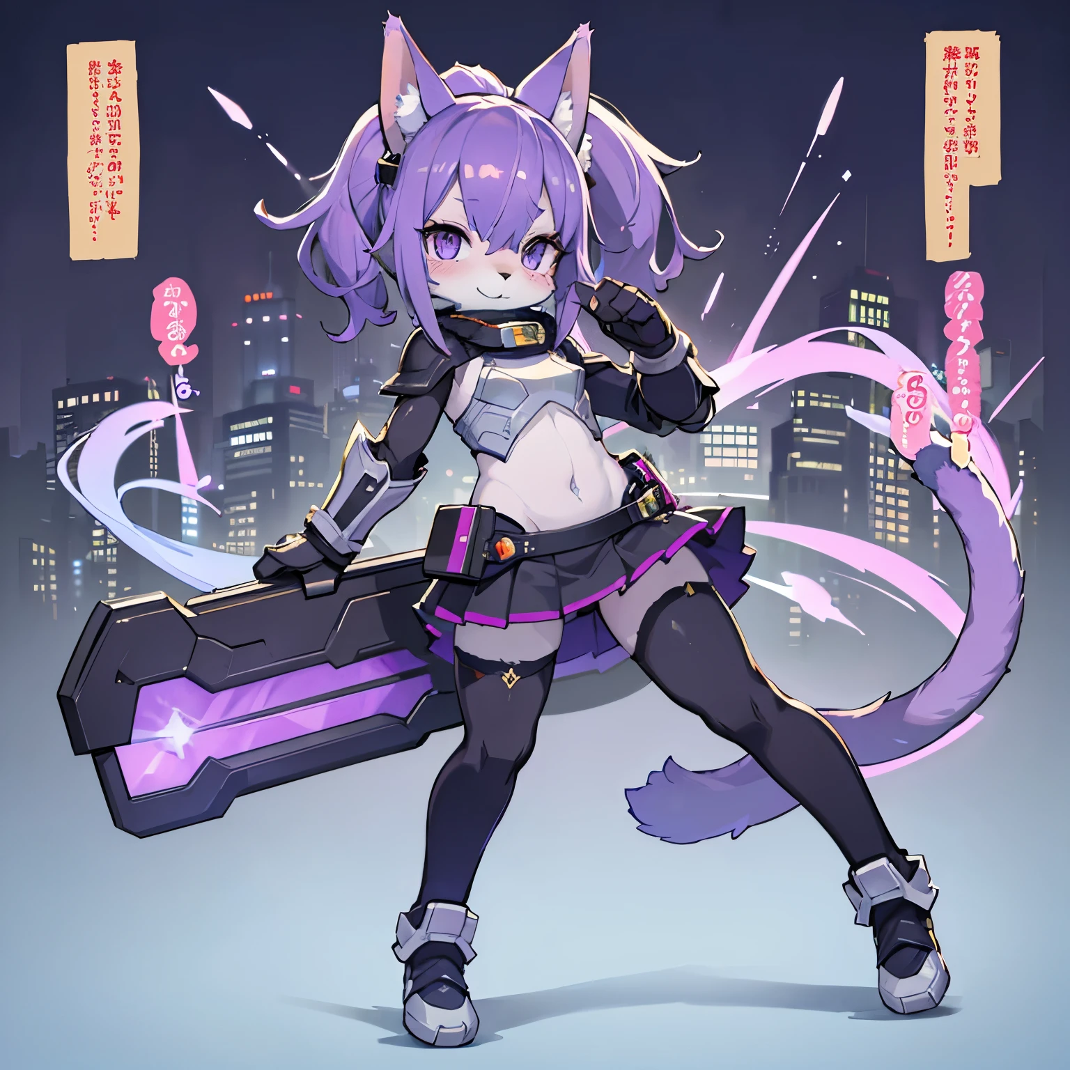 only,cat,downy furry,,loli,Purpleair,short hair ,Purple CATt eye, Purple downy furry skin,Purple CAT ears, Purple furry hand,Purple cat tail,a strip of furry cat tail,furry CAT legs,furry CAT foot,furry face, furry torso,furry navel,furry lips,furry cat mouth,good anatomy,good artist,good quality,good detail,full body,Small body,Kamen Rider,Full body armor,The whole armor is purple and light purple, with black tights inside. The helmet is decorated with a ponytail hairstyle. The chest has a light purple V-shaped armor. The cheongsam skirt,Kamen Rider Series,Elegant,Musician,Height 155cm