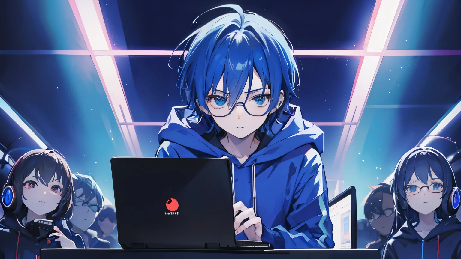 geeky smart anime man  wearing a blue hoodie.he is sitting behind a  laptop and microphone,looking straight to camera,centered character portrait,character in middle,cool background with red,green and blue lights